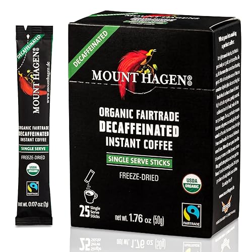 Mount Hagen 25 paquetes de café descafeinado instantáneo de una sola porción Granos arábica orgánicos descafeinados de tostado medio Ecológico,