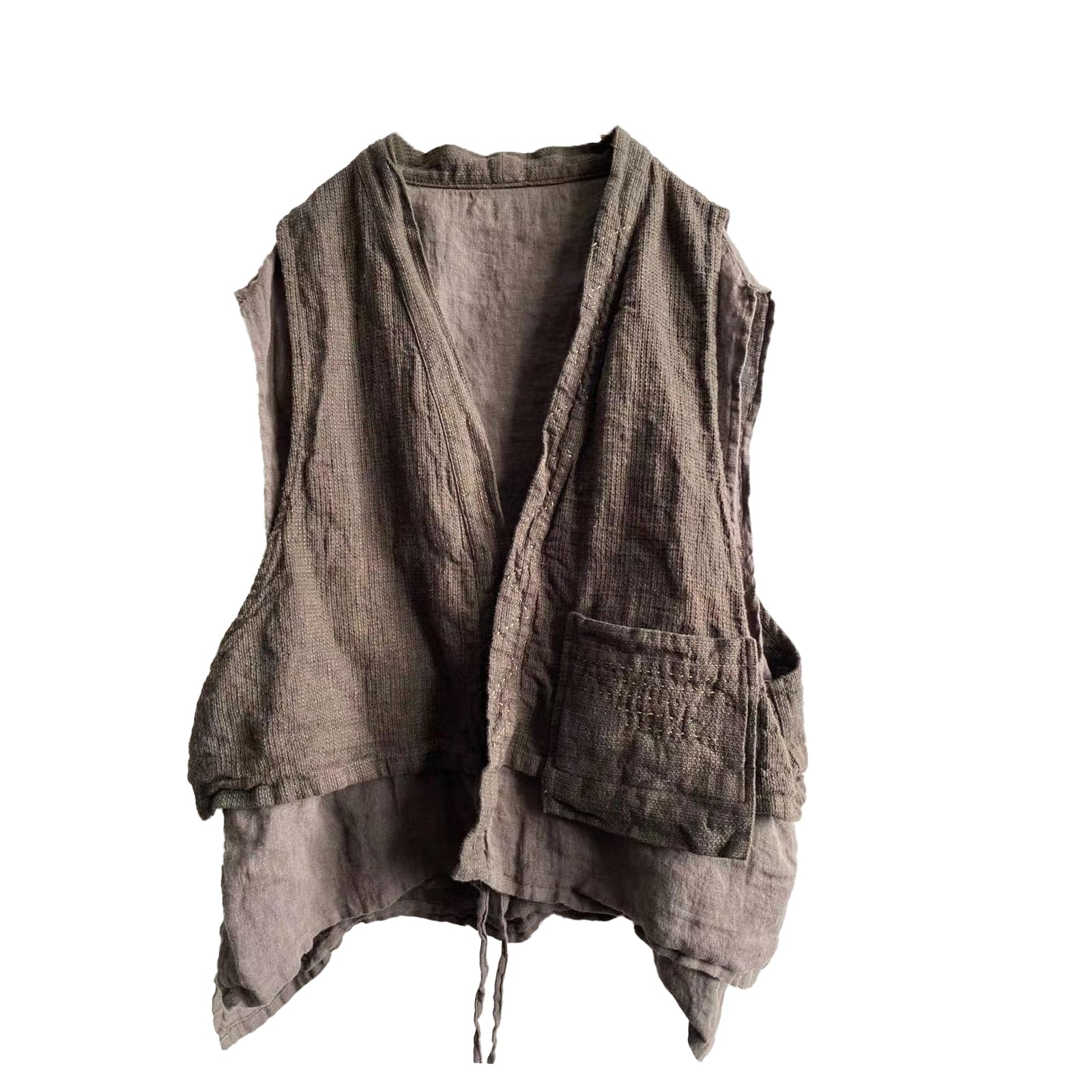 LZJN Womens Linen Double-Layer Vest Sleeveless Kimono Cardigan Open Front Vintage Street Waistcoat with Pockets