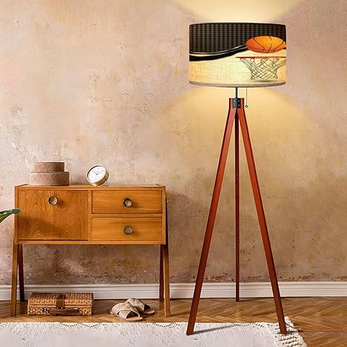 Miniatura 2 de Lámpara de pie de aro de baloncesto en onda a cuadros, patas de madera maciza, lámpara alta moderna con trípode con pantalla de lino para sala de