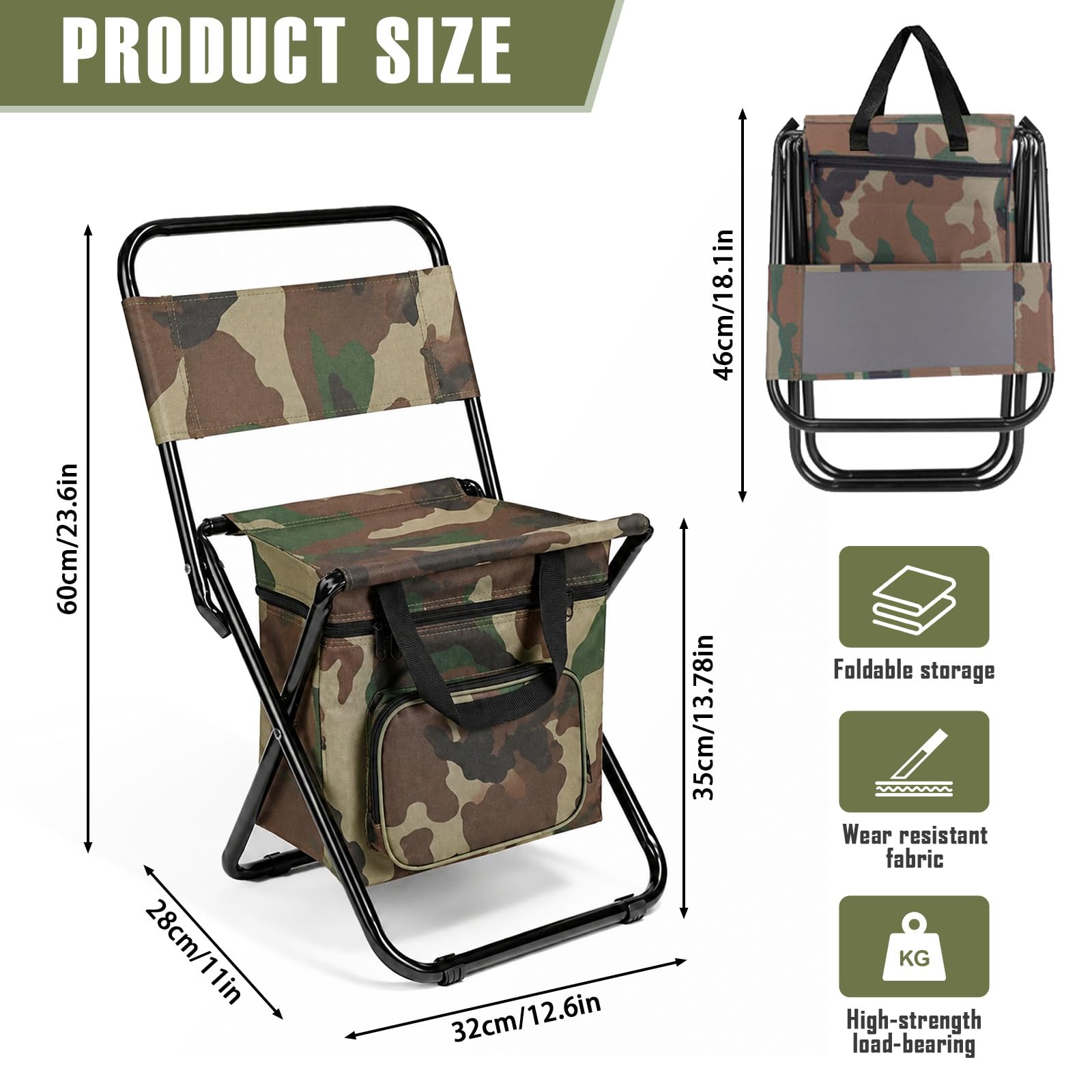 Sedia pieghevole portatile 3 in 1 per esterni, campeggio e pesca, pieghevole, con custodia e motivo mimetico, per il tempo libero e il giardino (verde mimetico)