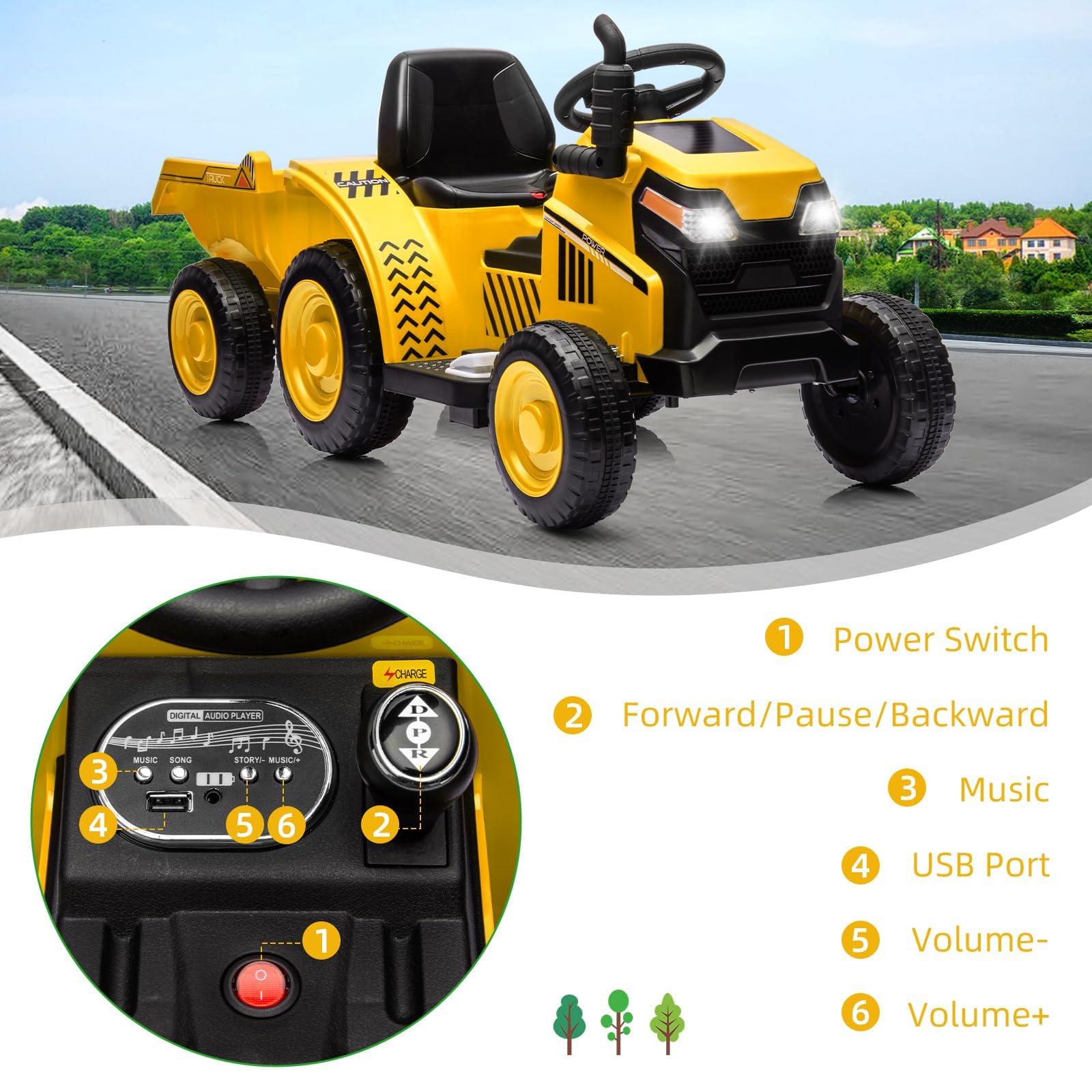 Trattore elettrico 2 in 1 con attaccatore, 6 V per bambini con clacson, USB, musica e luci LED, carico bambini 30 kg, adatto per bambini dai 3 anni in su