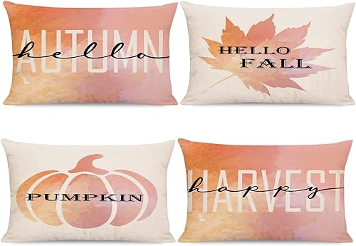 Juego de 4 fundas de almohada de otoño de 12 x 20 pulgadas, diseño de calabaza y hoja de arce con texto en inglés "Hello Fall Happy Harvest" para