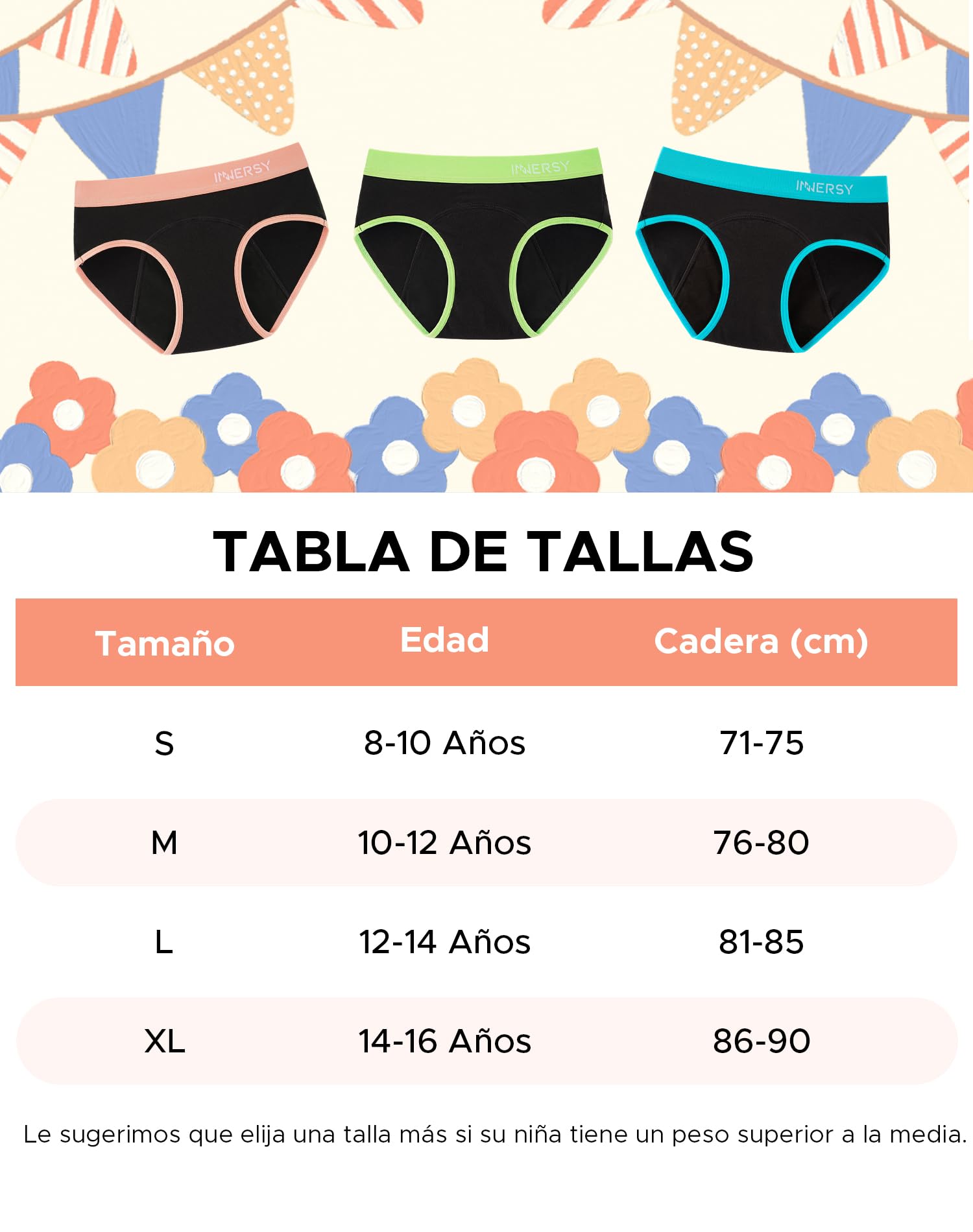 INNERSY Bragas Menstruales Reutilizables Algodón 3 Pack 8-16 Años