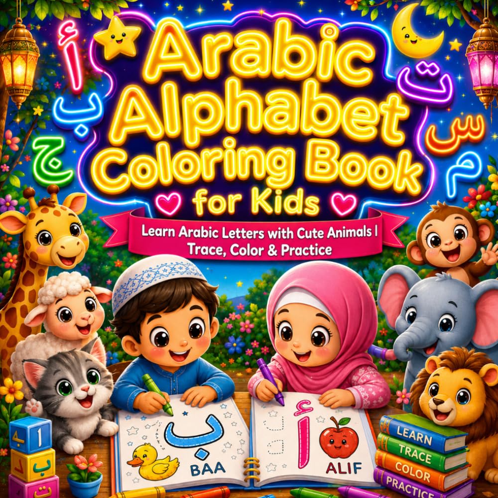 Arabic Alphabet Coloring Book for Kids: Learn Arabic Letters with Animals, Tracing Practice, and Fun Coloring Pages