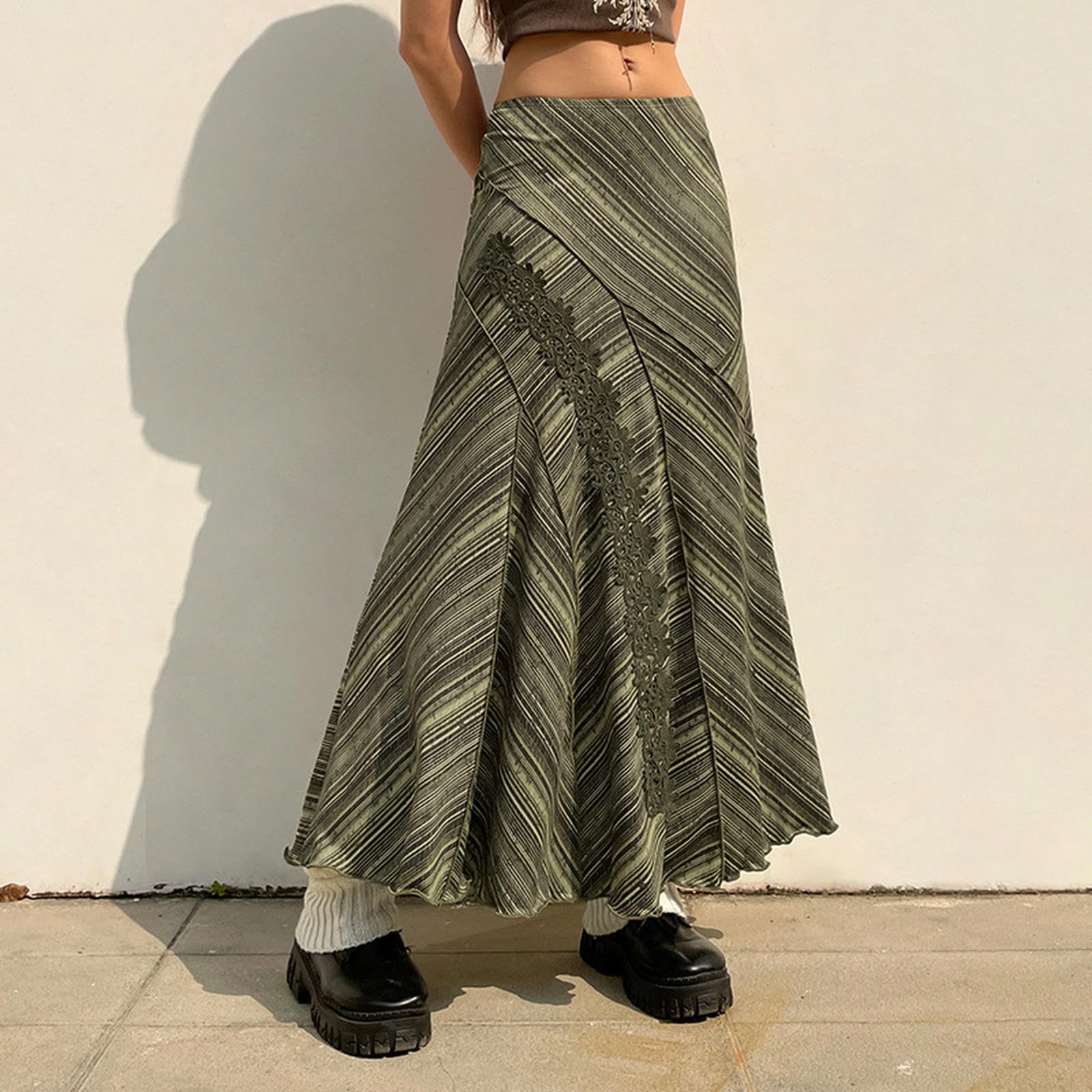 Falda de Encaje Plisada Irregular con Estampado Retro de niña del Bosque, Temperamento y Falda Media versátil-Verde-L