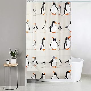 Blue Canyon Penguin Printed Shower Curtains | 100% Peva Shower Curtain | Anti-Bacterial Surface Treatment | Water Repellent| Weighted Hem | 180 X 180cm | 12 Reinforced Eyelets with Hooks (Penguin)