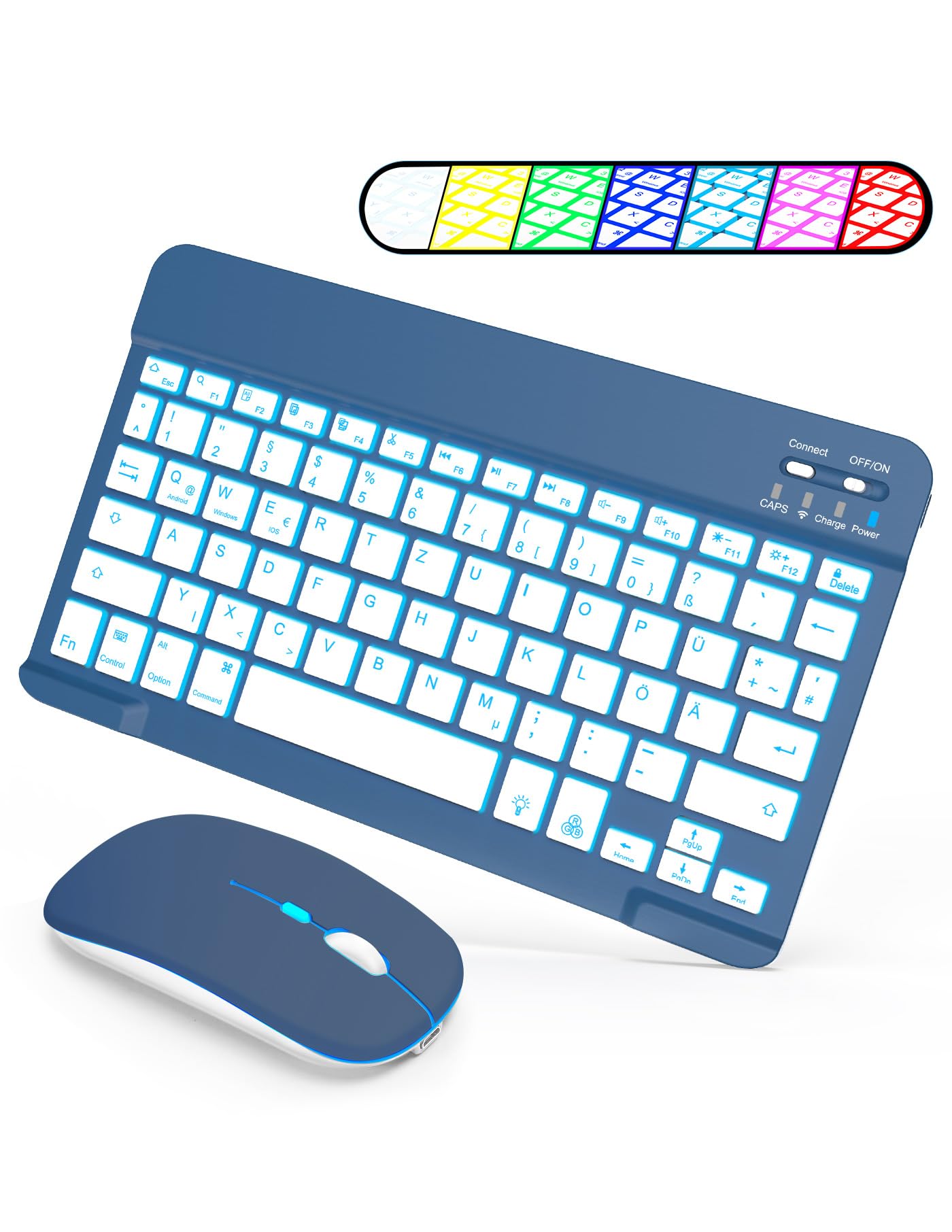 SOPPY Tastatur mit Maus kabellose Bluetooth Tastaturen mit 7-Farbiger Hintergrundbeleuchtung, Ultra Slim Tastature kompatible mit Windows Android, Dunkelblau Beleuchtet (DE QWERTZ Layout)
