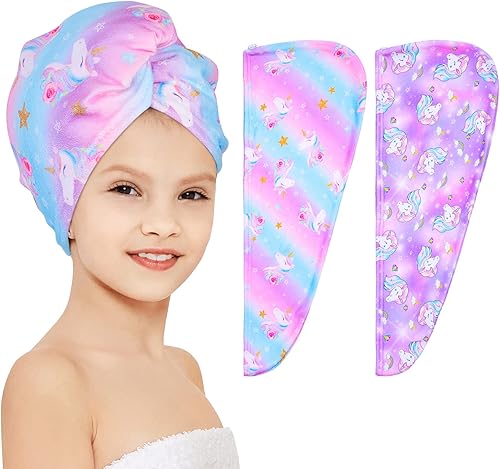 FIOBEE Toalla de microfibra para el cabello para niños, toalla de secado rápido, turbantes absorbentes para cabello húmedo con botón, para mujeres y