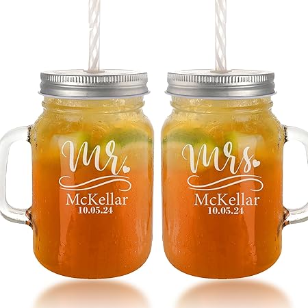 Personalized Mason Jar Drinking Glasses Bulk, 16 oz Custom Wedding