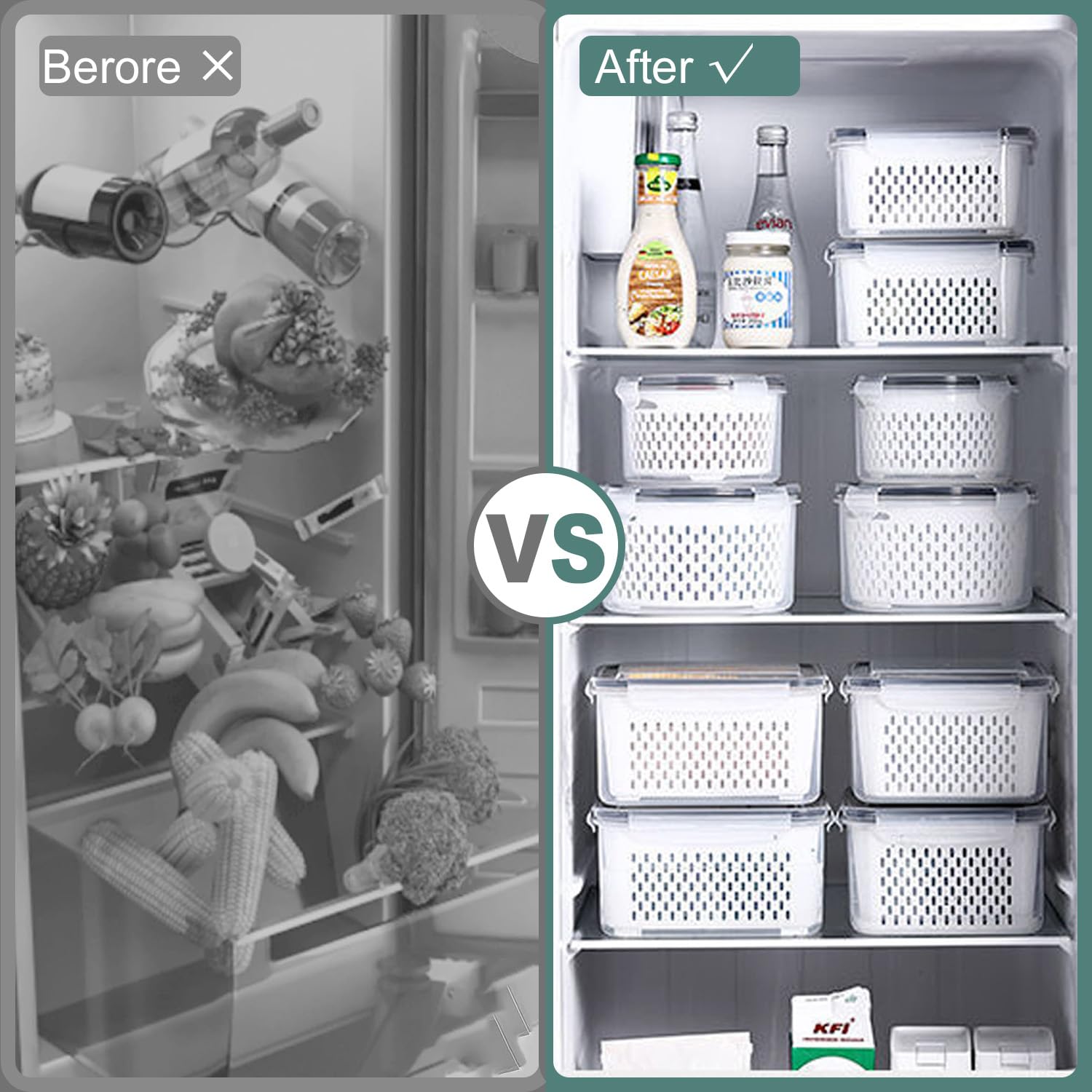 Kongming Organizer Frigorifero, Contenitori Plastica Frigo Con coperchio e cestello di scarico rimovibile per Insalata, Verdura, Frutta (6.2L+4.15L+3.15L+1.7L+0.8L)