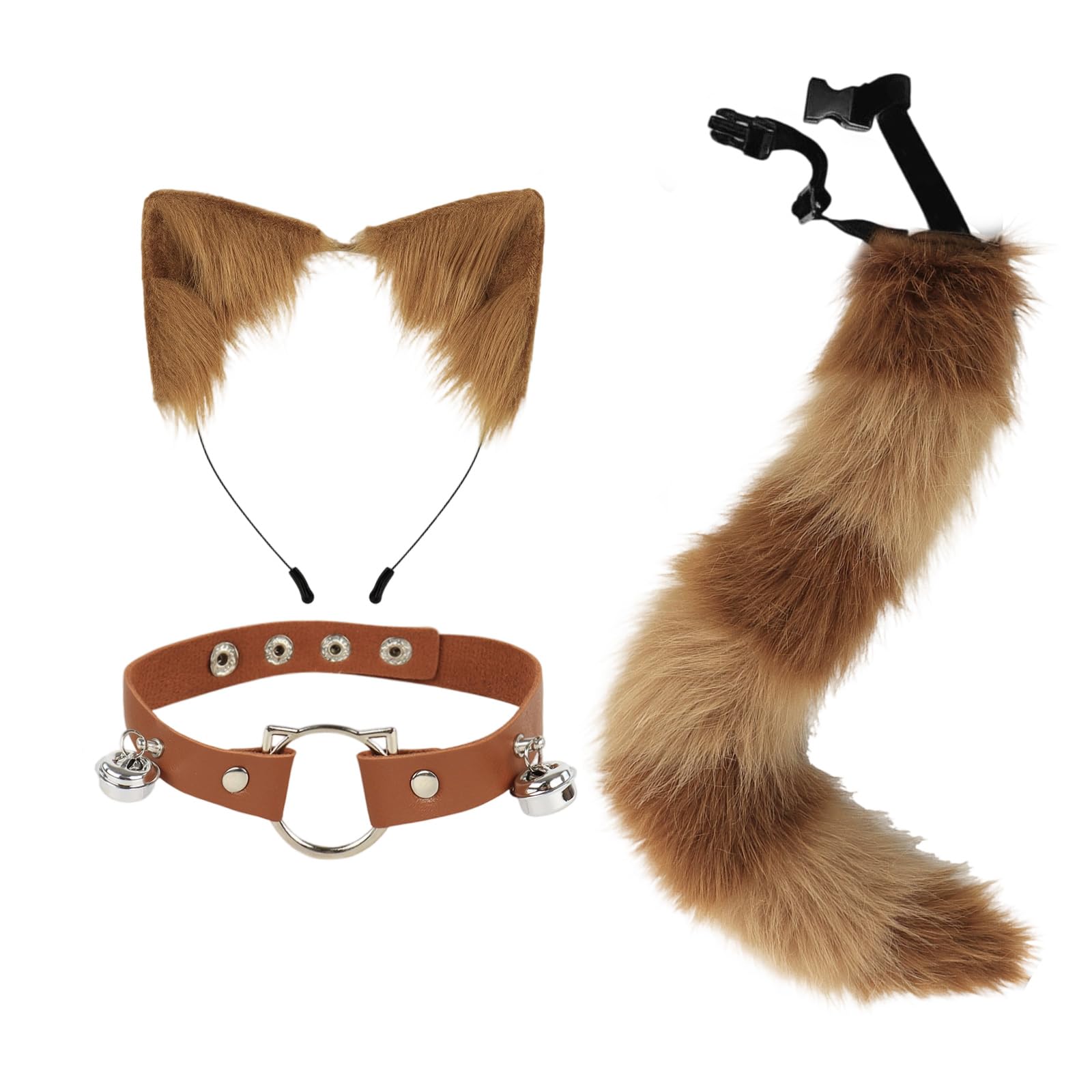 Vxcvzv Tail and Ears Set, 3Pcs Fox Costume Includes Fox Faux Fur Tail, Cat Ears Headband, Neck Choker, Kids Adult Cosplay Costume Accessory for Halloween Party Costumes (Brown)