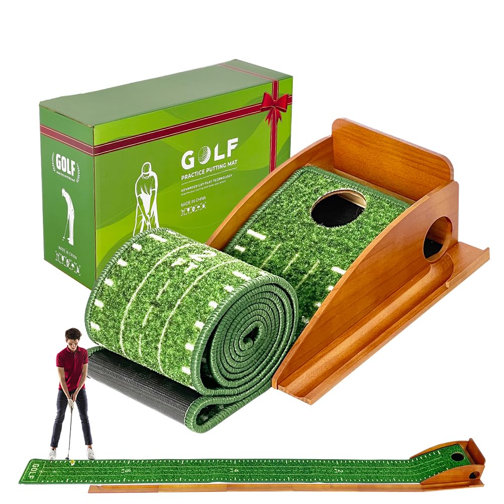 Golf Puttingmatte aus Holz, Minigolf Set für zu Hause, Indoor Putting Green mit Ballrückführung & Anti-Rutsch, 255x25cm Golf Trainingsmatte für Zuhause & Büro