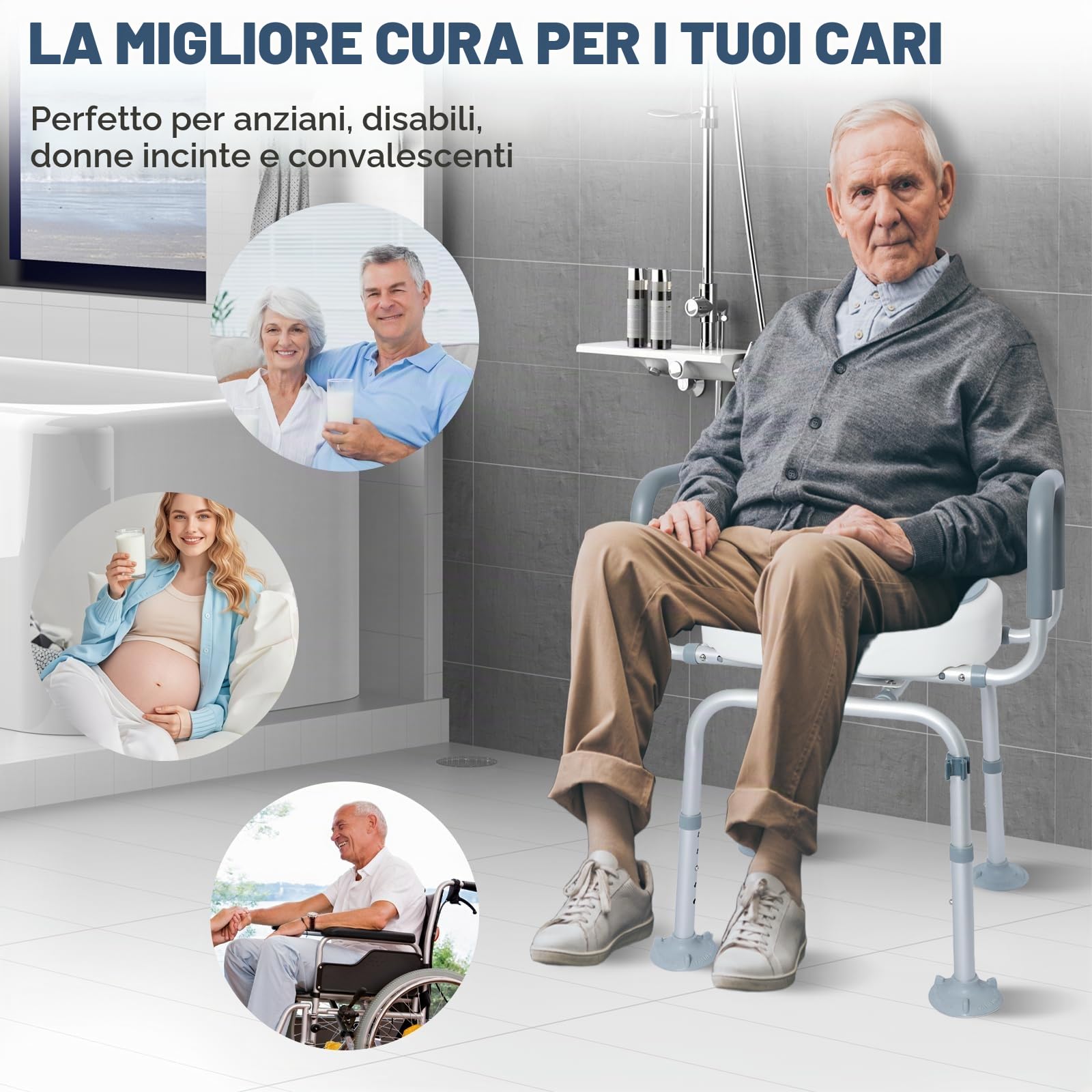 Sgabello Doccia Anziani Sedia da Doccia Girevole a 360° Altezza Regolabile Seggiolino per Doccia Anziani con Braccio Schienale