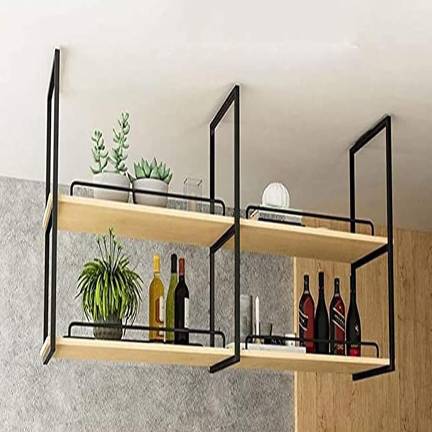 Hanging Wine Rack with 2 Layers Retro Style Ceiling Mounted Display Stand for Kitchen Bar Plant Stands and Storage Solid Wood and Iron Construction Easy Installation 60 * 30 * 80cm