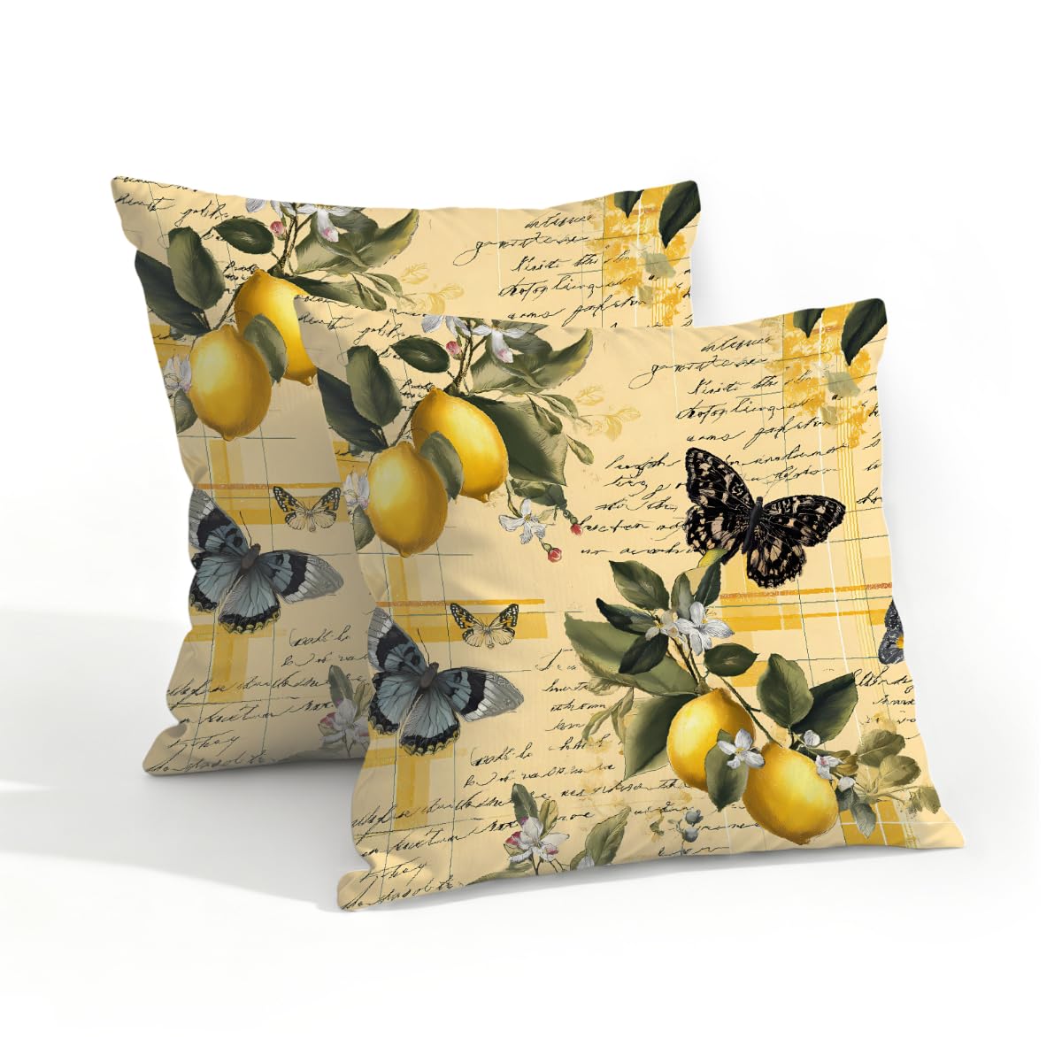 Outdoor Pillow Covers Waterproof Pillowcases 18x18in Set of 2 Butterfly Lemons On Yellow Letter Decorative Throw Cushion Case for Couch Sofa Garden Patio Furniture