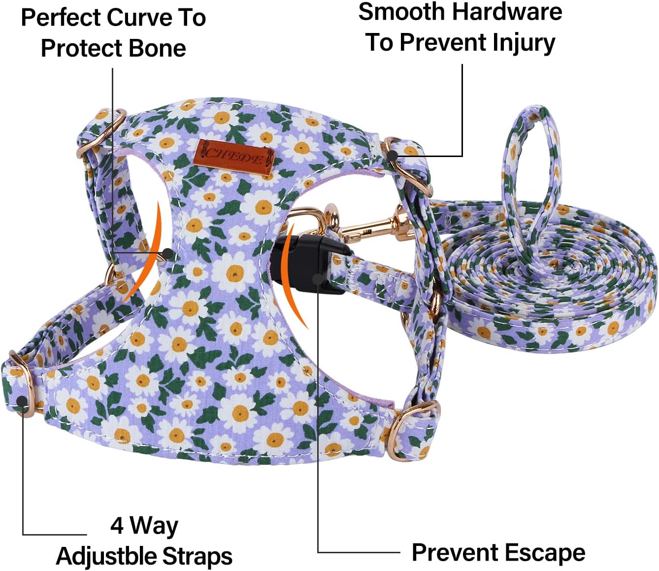 CHEDE No Pull Floral Pattern Dog Harness- Lightweight and Soft Harness, Adjustable Small Dog Harness and Leash Set, with Dog Leash, Suitable for Puppy Small and Medium-Sized Dog (M, Purple Daisy)