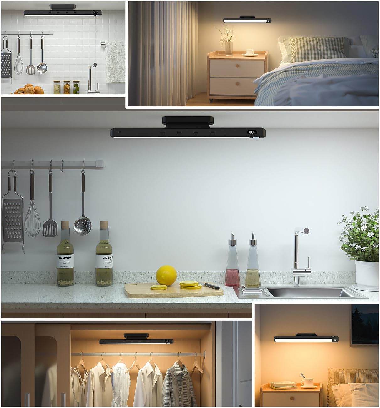 Lunartec Schrankbeleuchtung Akku: 3er-Set LED-Akku-Unterbau-/Bilderleuchte, PIR, Fernbedienung, schwarz (Unterschrank-Beleuchtung Küche LED, Unterbauleuchte Küche flach, Bild)