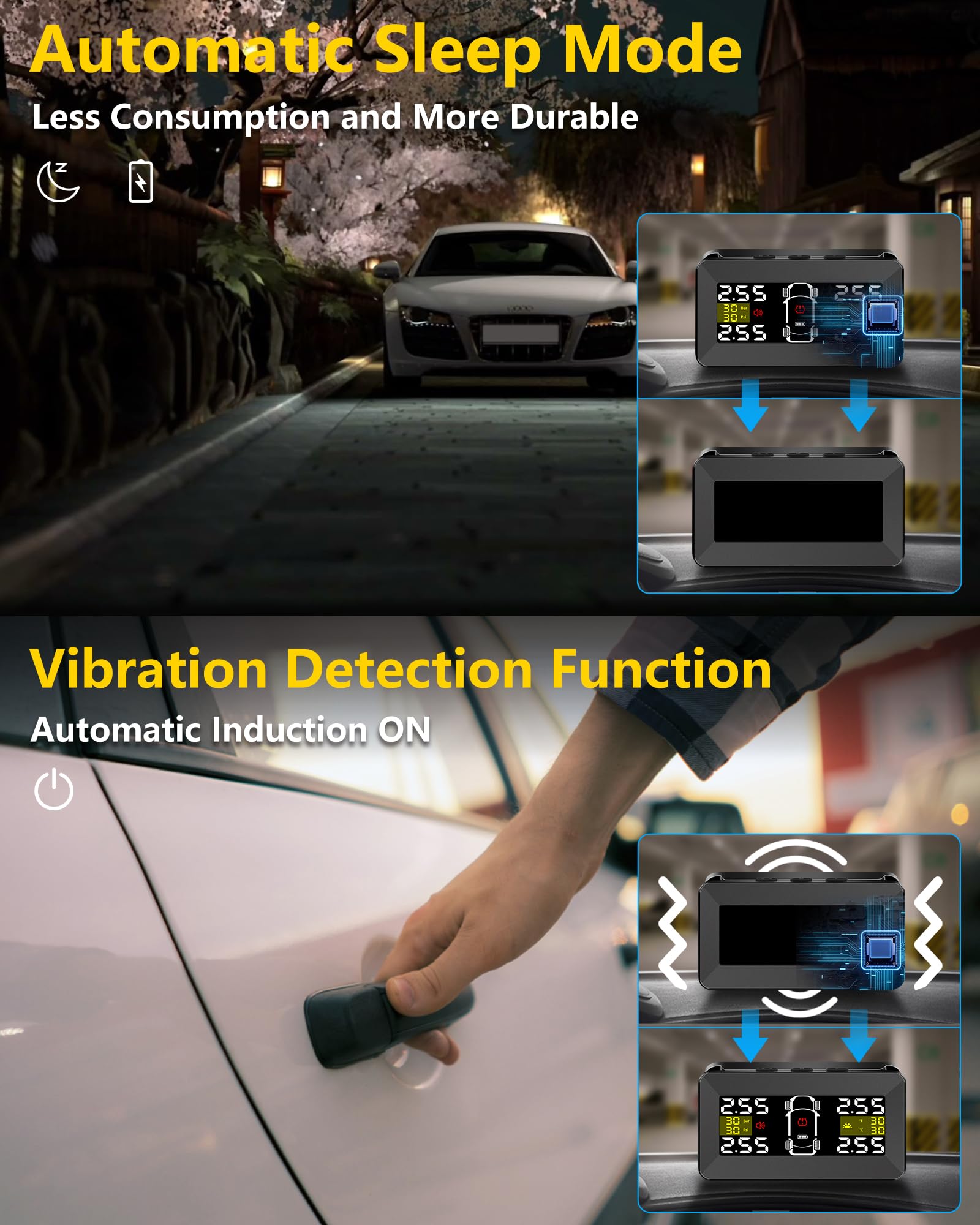 TPMS Reifendruckkontrollsystem 3,5 Zoll Kabellos Reifendrucküberwachungssystem 0,01Bar Hochpräzise Abnehmbare Solar/Typ-C Ladung TPMS Auto mit 4 Wasserdicht IP67-Reifendrucksensoren 14-87PSI