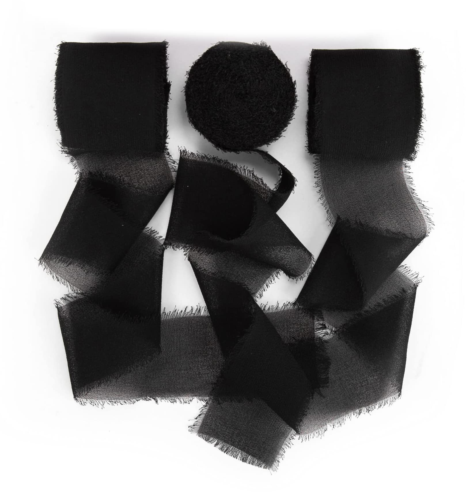Excefore Handmade Fringe Chiffon Silk Ribbon 3 Rolls 38mm x 5Yd(4.5m) Black Ribbons Set for Wedding Invitations, Bridal Bouquets, Gifts Wrapping, DIY Crafts