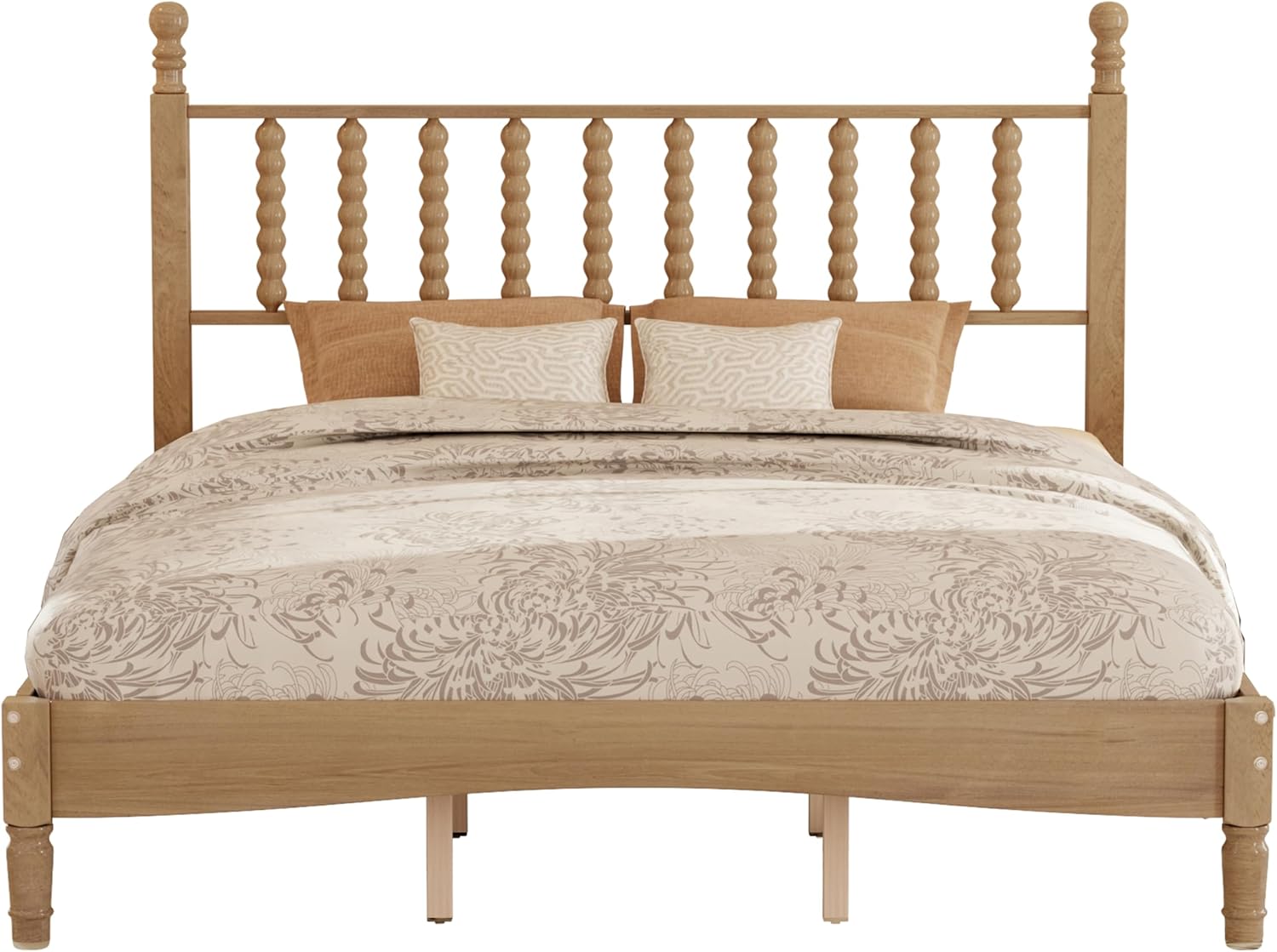 Merax 12.5 Inch Queen Size Solid Wood Platform Bed Frame with Wooden with Gourd Shaped Headboard, Retro Style Bedframe, Mattress Foundation, No Box Spring Needed, Large Under Bed Storage, Natural