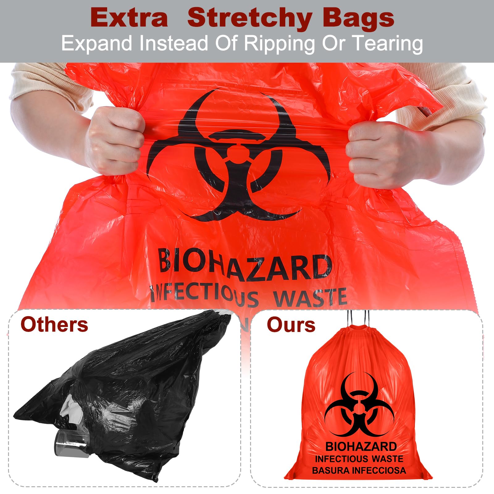Geiserailie 140 bolsas de eliminación de residuos de riesgo biológico de 24 x 24 pulgadas, bolsas de desechos infecciosos con cordón, bolsas rojas de riesgo biológico de 10 galones, 20/rollo para