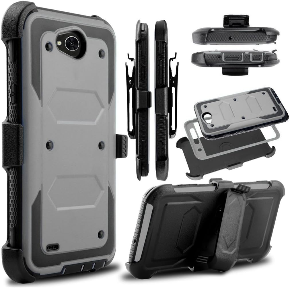 KooJoee Grey Armor Defender Case Compatible with LG Fiesta LTE/LG X Power 2 3/LG X Charge/K10 Power/LG LV7, Heavy Duty Shockproof Kickstand Belt Swivel Clip Holster Rugged Protection for LG X Power 3