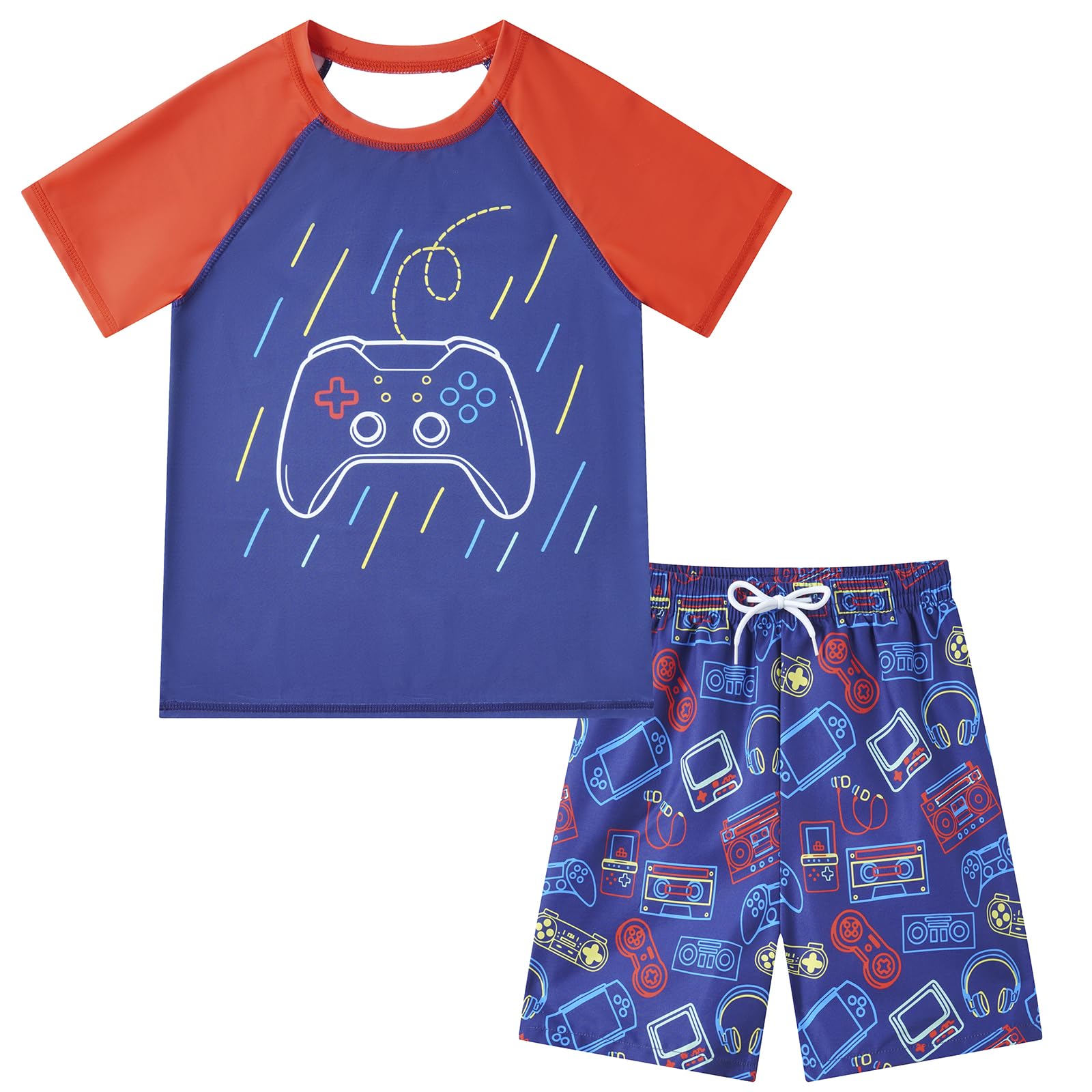 Boys Short Sleeve Rash Guard Swimsuit Set with Swim Trunks for 4-12 Years