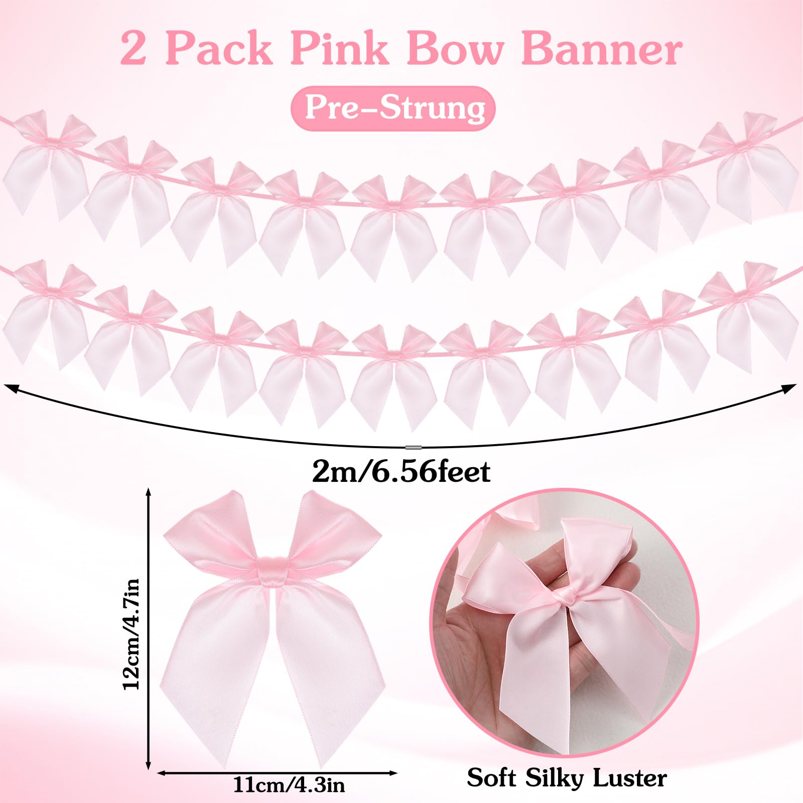 Shimmeroo 2Pcs Pink Bow Garland Banner,Bow Party Decoration Ribbon Garland Banner for Party Bridal Shower Wedding Bows Decor Decorations(6.6 Feet) - Image 2
