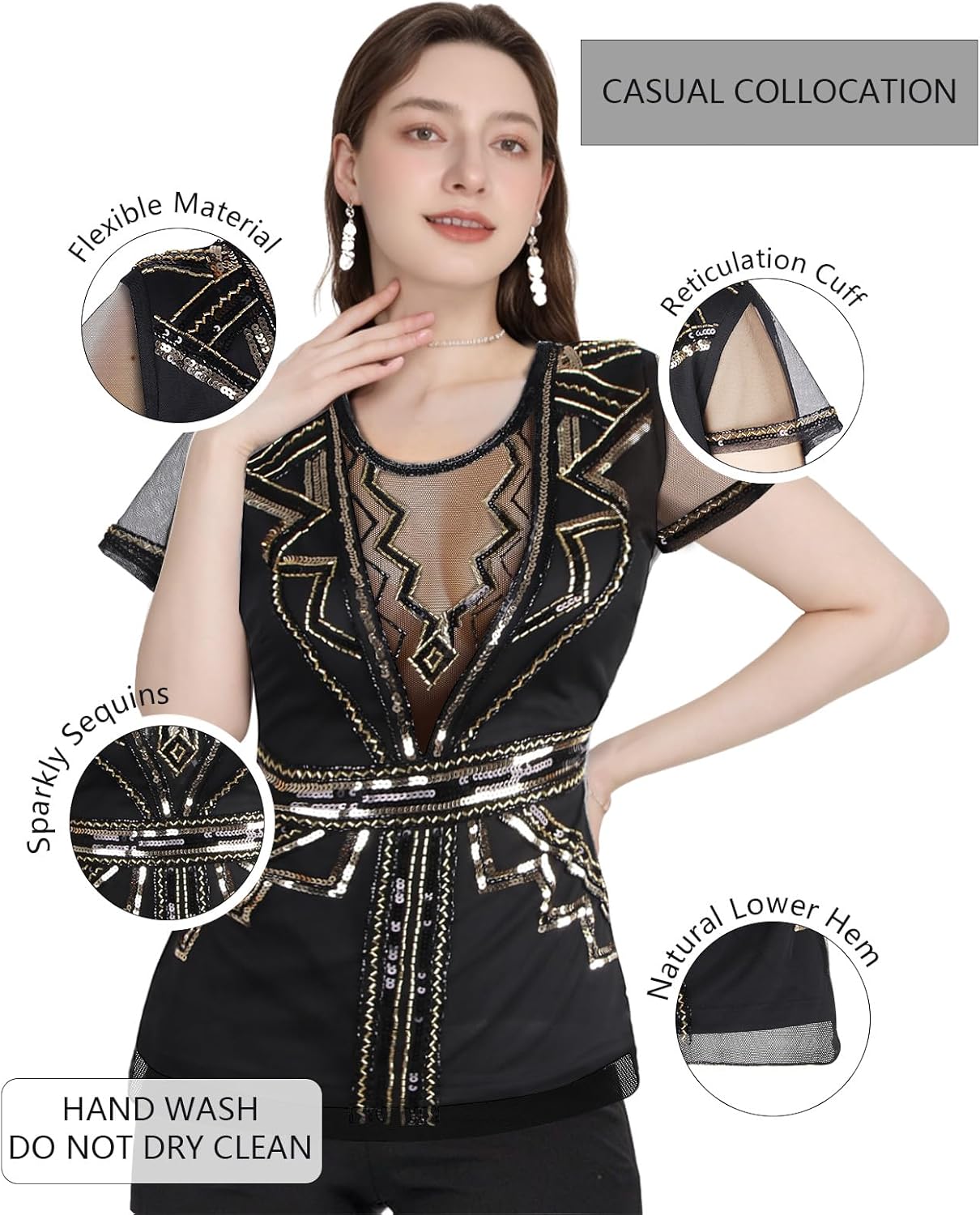 Vijiv Women's 1920s Inspired Beaded Sequin Top V Neck Shimmer Glitter Blouse Short Sleeve Formal Gatsby Shirt - Image 5