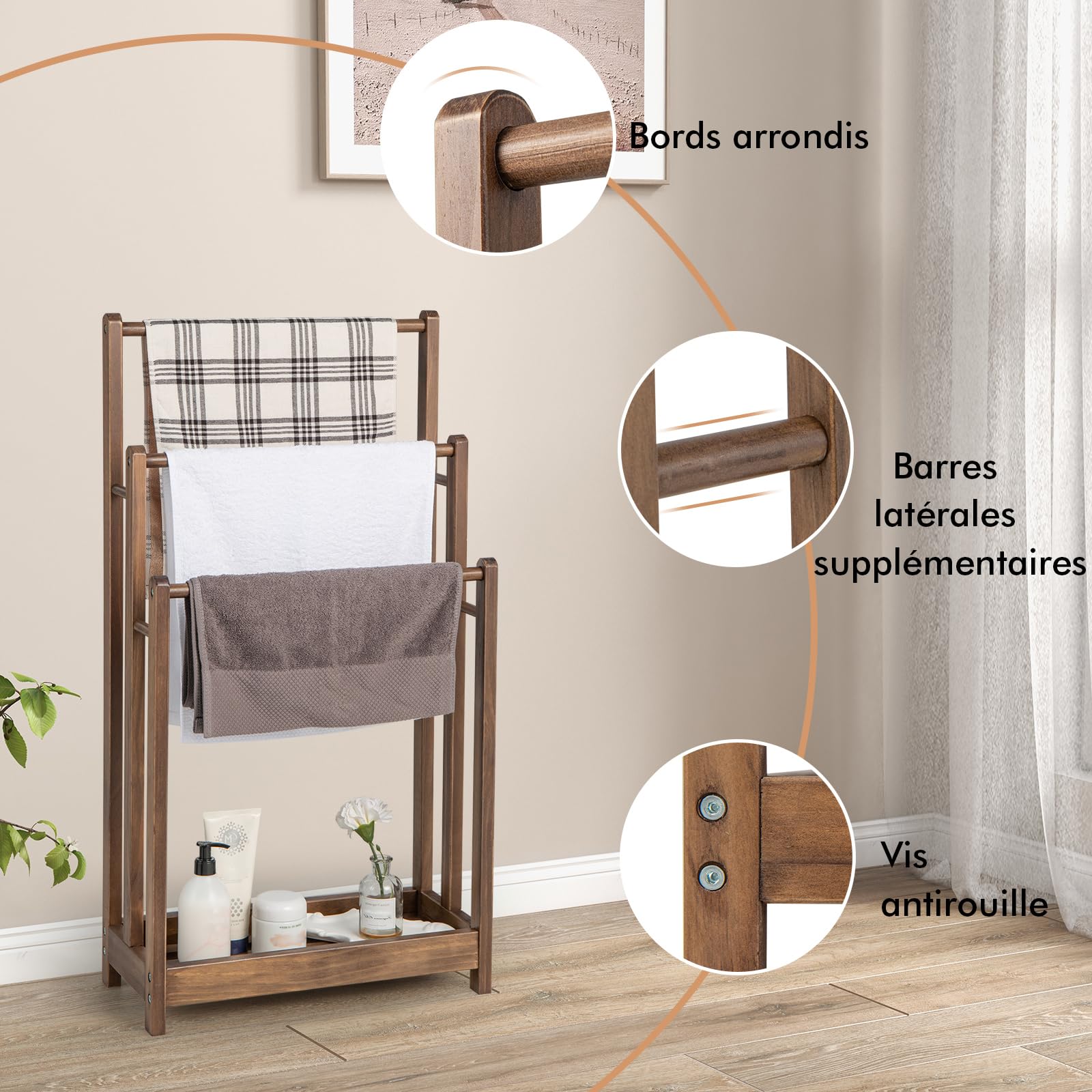 COSTWAY Porte-Serviettes sur Pied en Bois, 3 Barres et Étagère de Rangement Inférieure, Dispositif Anti-Renversement, Support Serviette pour Salle de Bain, Buanderie, 22 x 45 x 86 cm, Marron