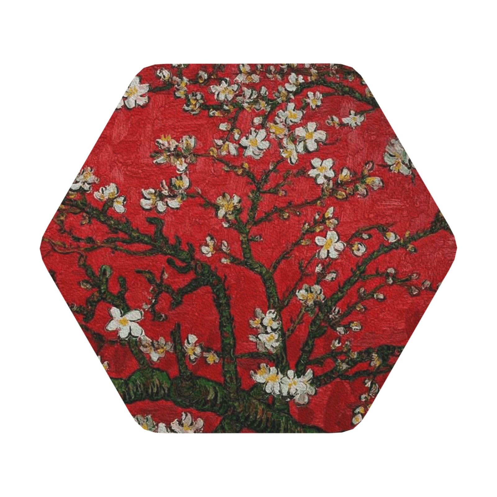Waterproof with Flower PU Leather Coasters Set of 6 Hexagon Drink Coasters