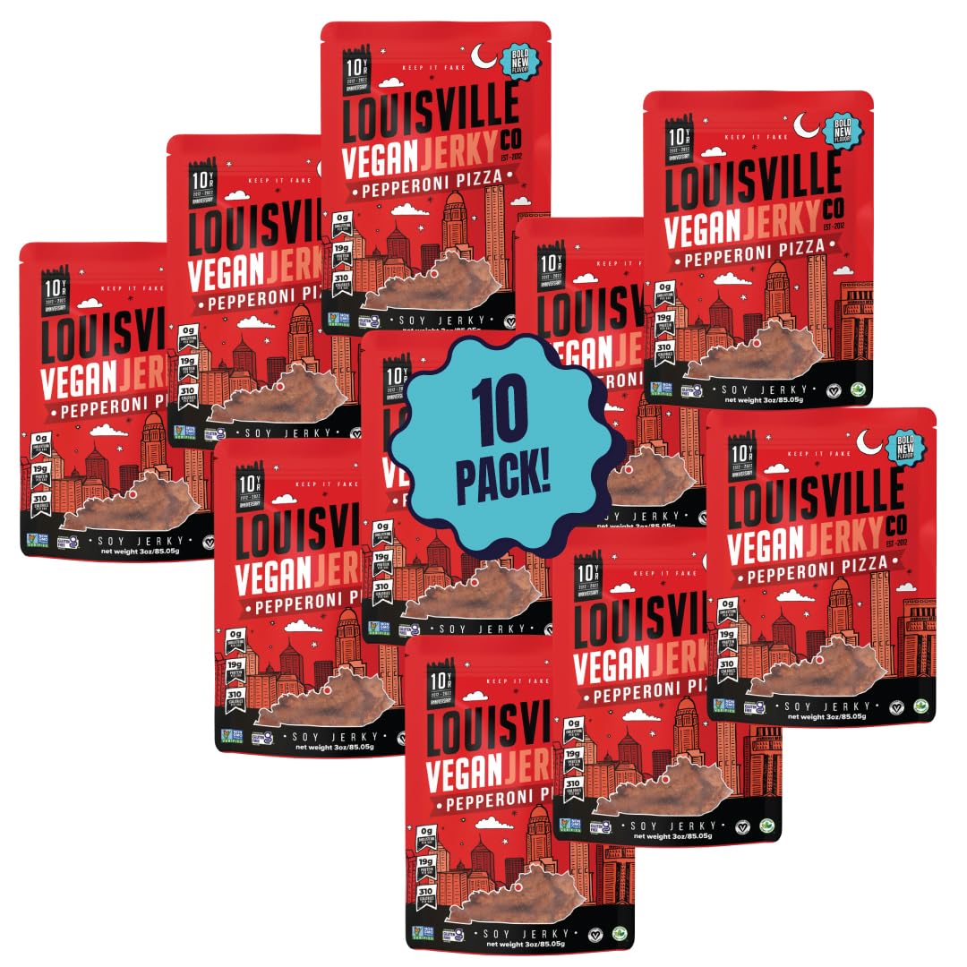 Louisville Vegan Jerky - Perfect Pepperoni, Vegetarian and Vegan Friendly Jerky, 13 Grams of Non-GMO Soy Protein, Gluten-Free Ingredients (Pack of 10, 3 Ounces)