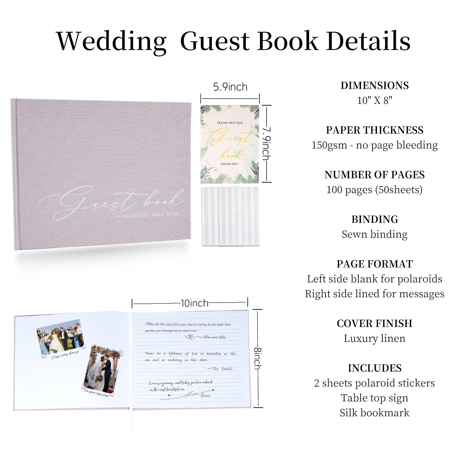 Libro de invitados de boda para recepción y baby shower – Elegante libro de visitas con cubierta de lino para fotos y firmas Polaroid con tarjeta "Please Sign" y esquinas de fotos, 100