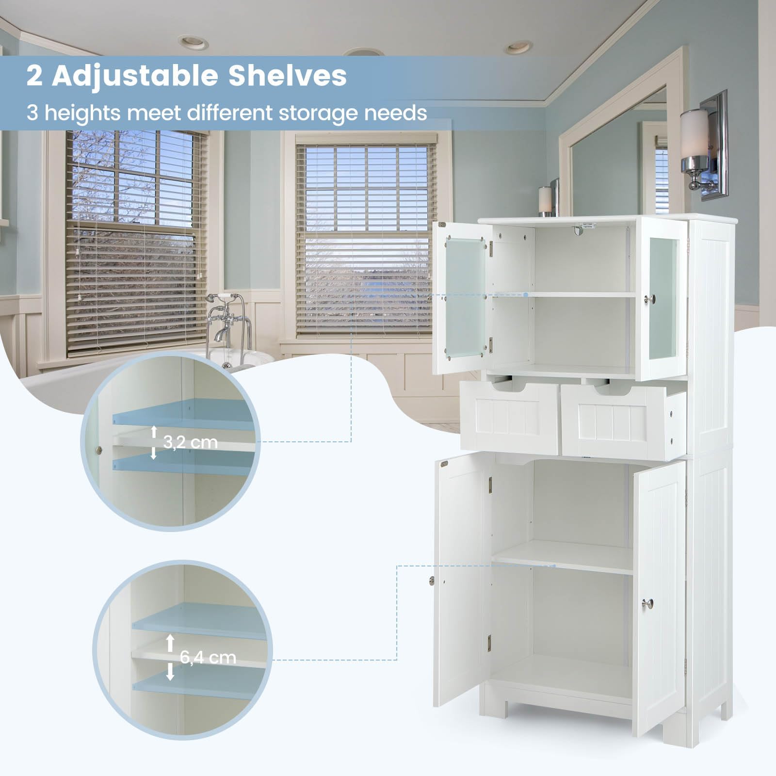 LIFEZEAL Armario Suelo de Baño, Mueble de Baño con Estantes Ajustable, Mueble de Almacenaje con Cajones y Doble Puerta, Mueble Lateral Multifuncional para Cocina (Blanco)