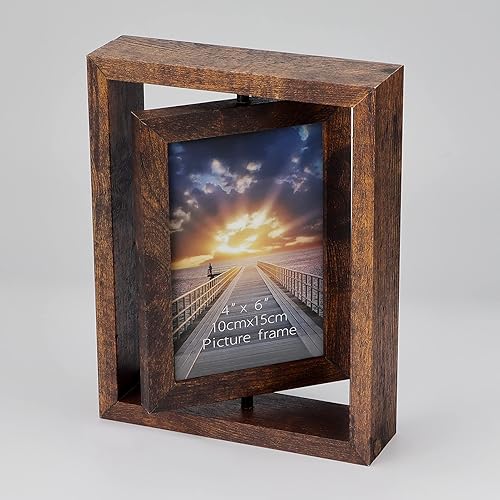 Vista 3 de EXYGLO Paquete de 2 marcos de fotos flotantes giratorios rústicos de 4 x 6 pulgadas, marcos de fotos para exhibición de mesa vertical u horizontal