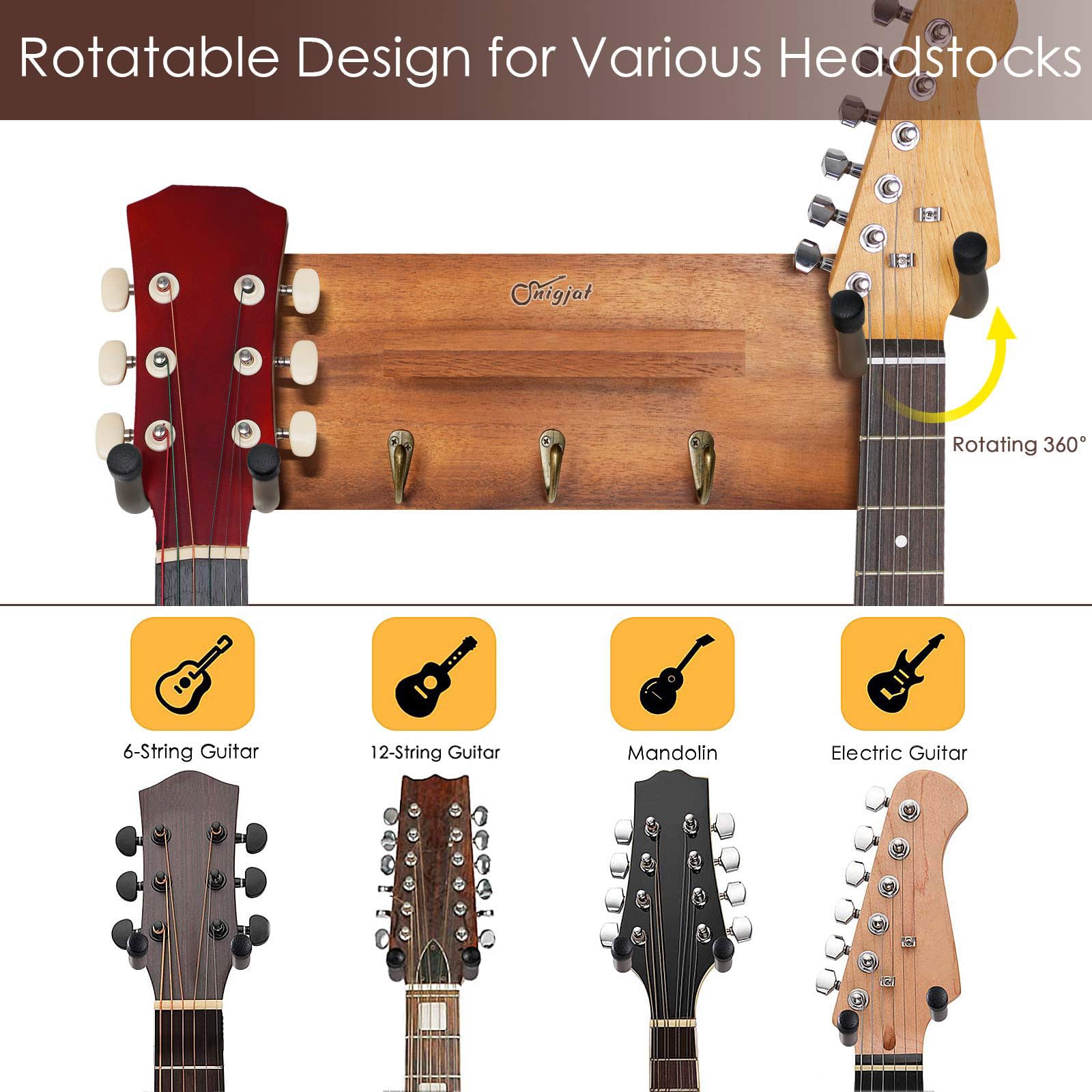 Soporte de pared para guitarra con 2 ganchos de goma giratorios, colgador de pared para guitarra de madera con estante y soporte para púas, soporte de pared para guitarra eléctrica acústica, bajo,