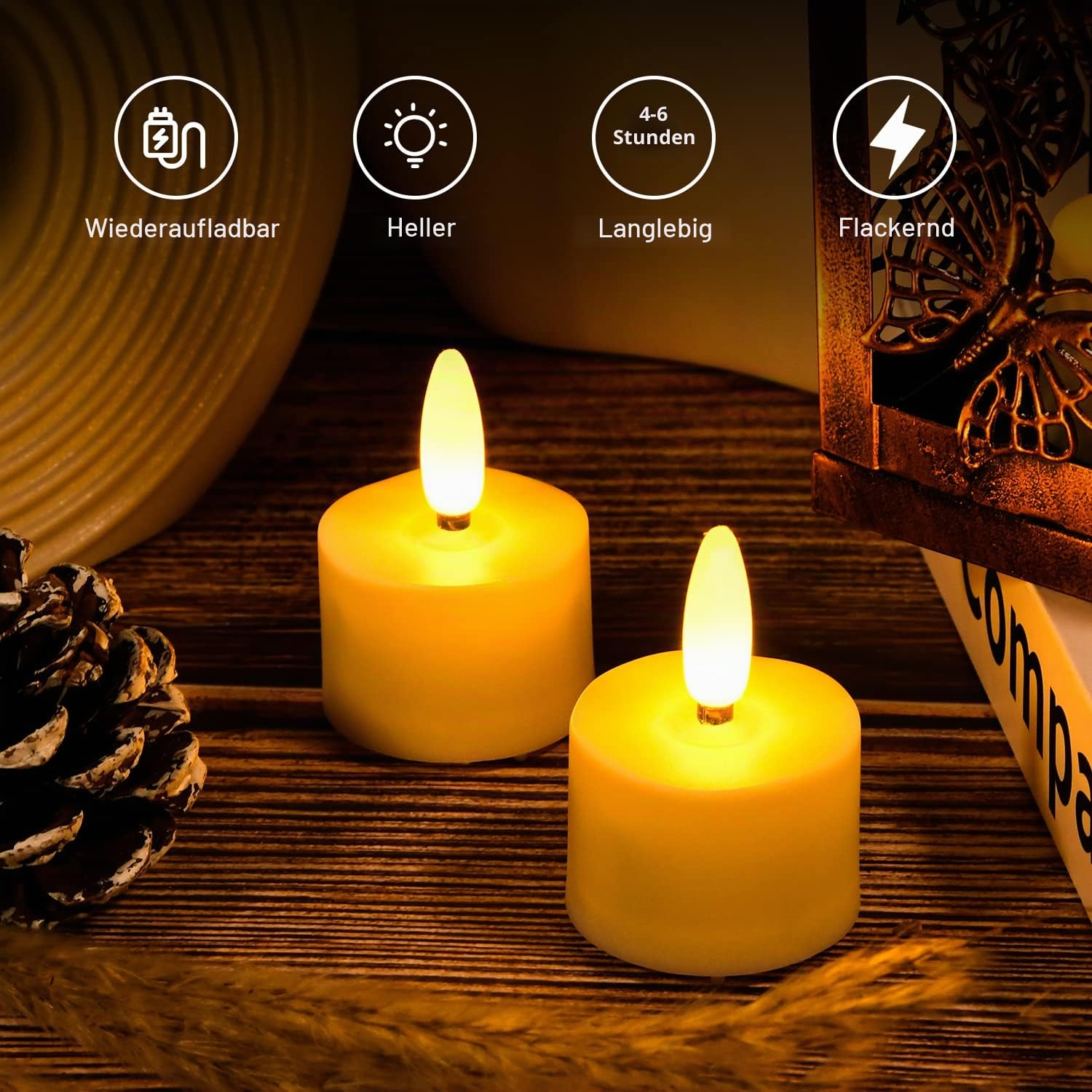 TechKen 6 Stück Wiederaufladbare LED Teelichter Kerzen mit Fernbedienung 4H/6H Timerfunktion,Dimmbare Elektrische LED Teelicht Aufladbar Flackernde Flammenlose Kerzen für Weihnachten,Halloweeny Beleuchtung