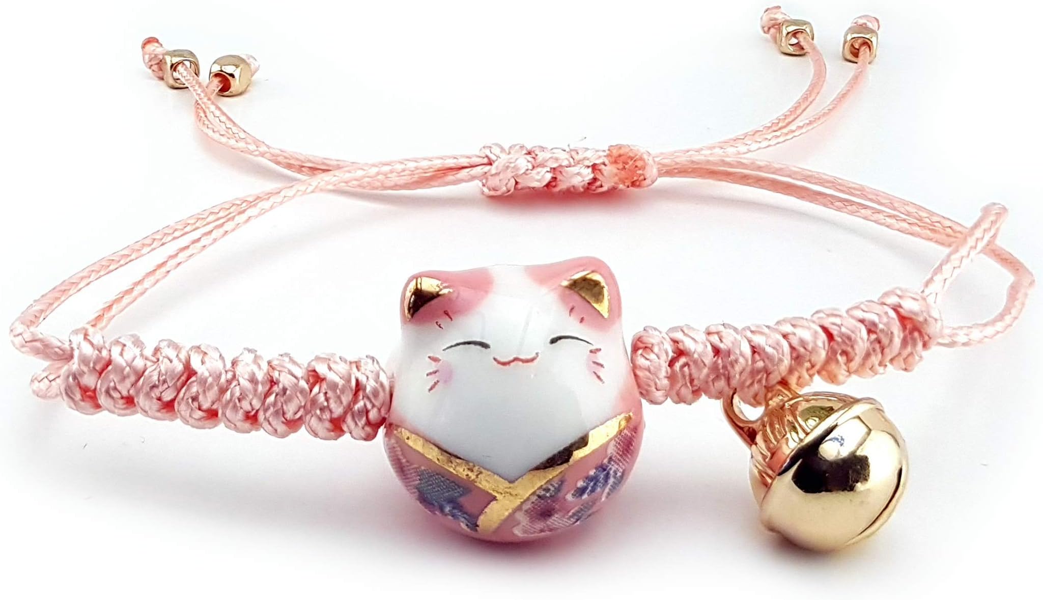 Omky Lucky Cat Maneki Neko Bacelet Adjustable | 6 Colors | Ceramic Bead (Pink)