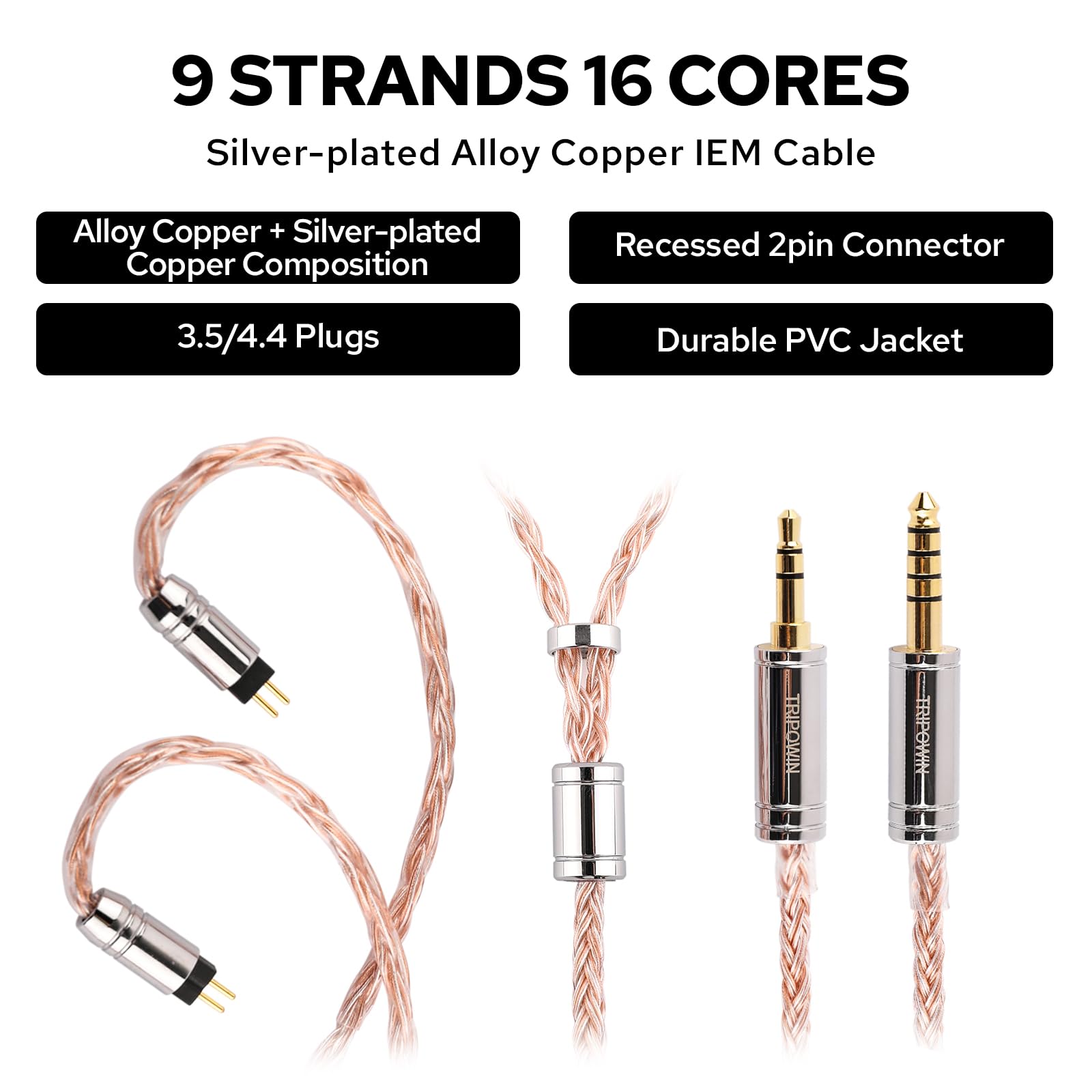 Linsoul Tripowin C-02 IEM Cable - 16 Core Silver-Plated Alloy Copper Earphone Cable with PVC Jacket, 0.46 Low Impedance, HiFi Replacement for Wired Earbuds (2Pin, 3.5mm)