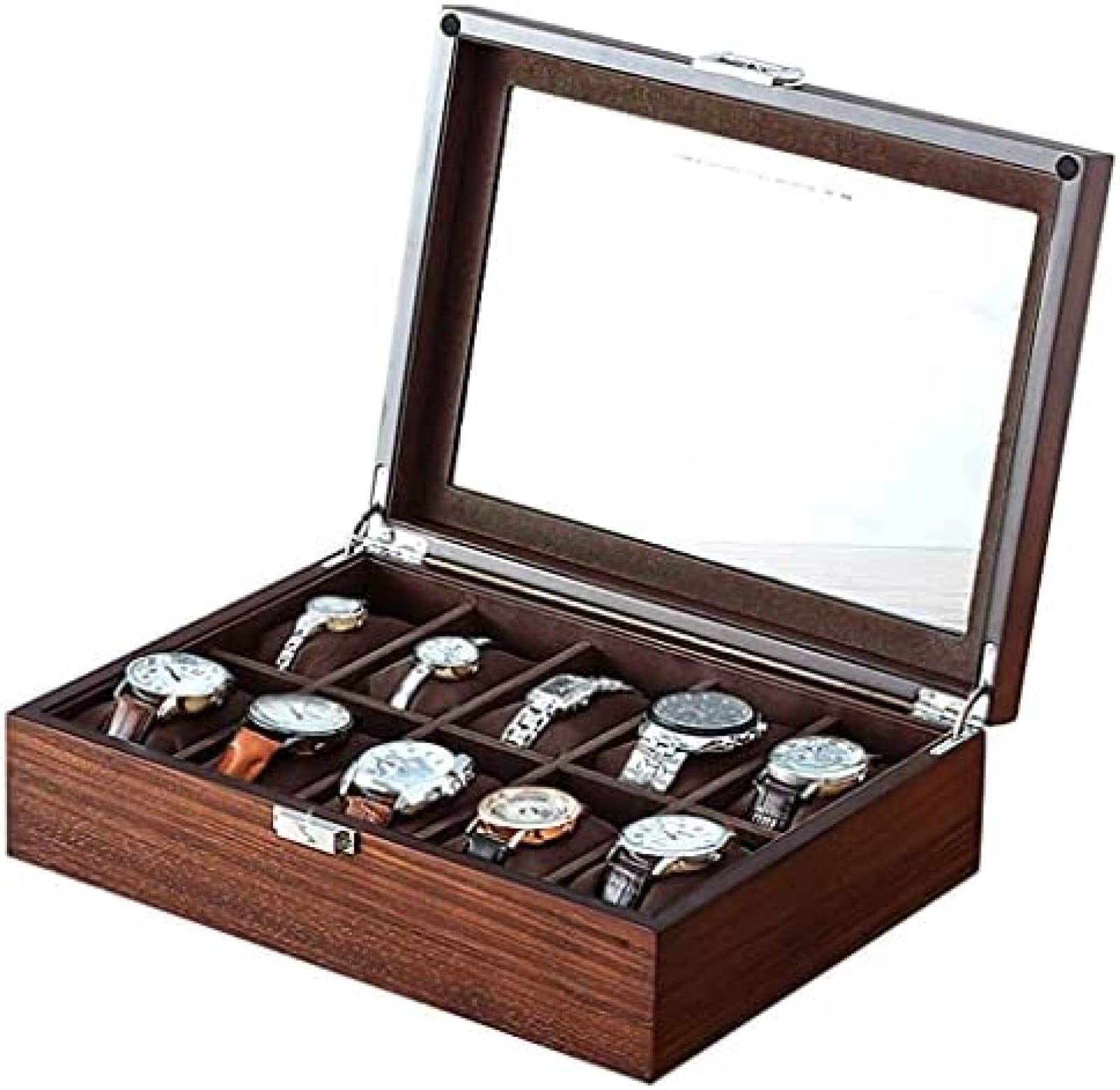 YNBSHGAA 10 Slot Wooden Watch Box Watch Display Case Organizer Glass Lid Jewelry Storage Box It's The for Friends,Brown,30×22×8.5cm,Brown-30×22×8.5cm
