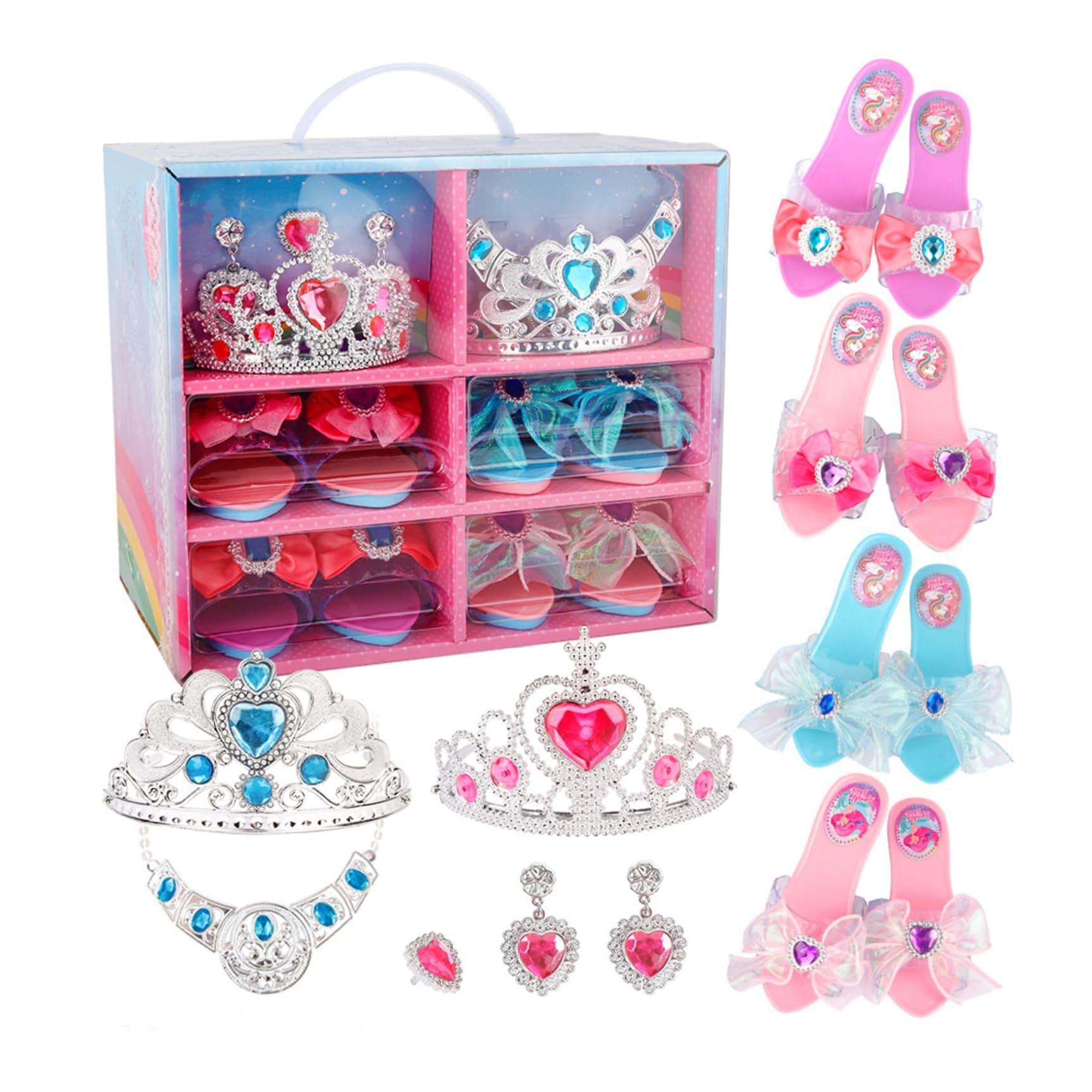 Princess Dress Up Scarpe 6 Grids Toddler Girl Toys con 4 Paia di Scarpe da Gioco e Giocattoli per Gioielli, Glamour Elegant Elegant 3 Anni Regali per Bambini Piccoli