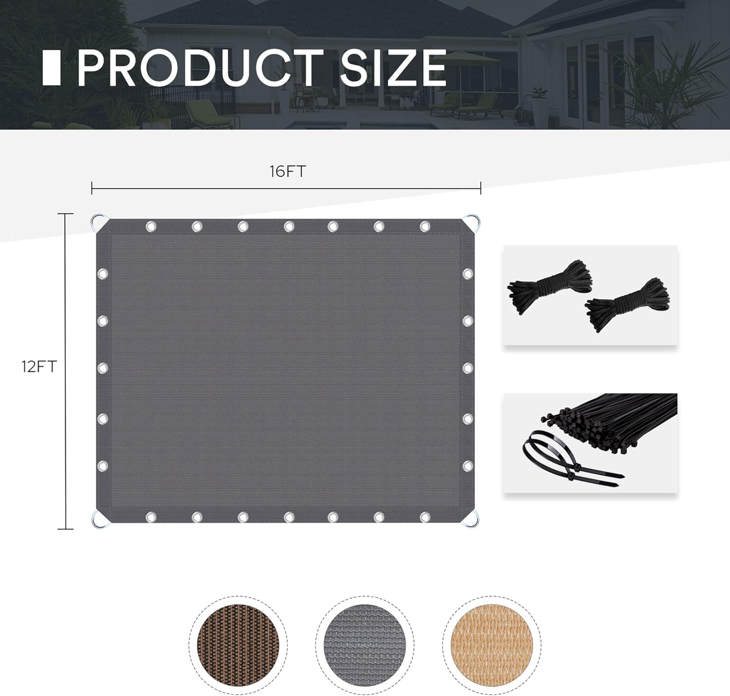 DIFY 12X16 FT Shade Fabric Sun Shade Cloth, Outdoor Shade Cover Privacy Screen with Grommets & D-Ring for Patio Garden Pergola, Grey