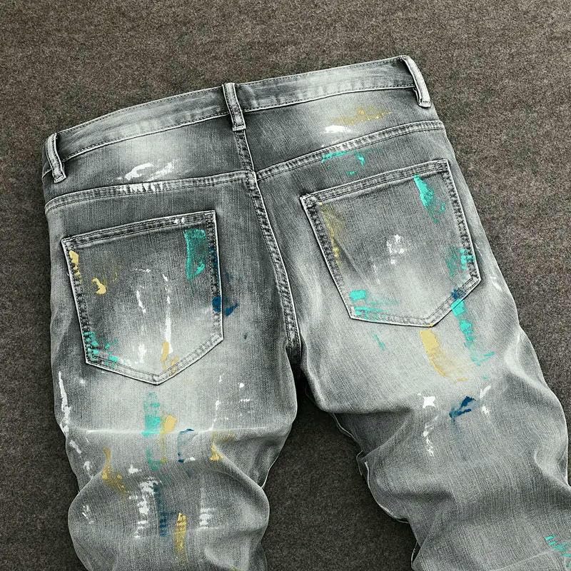 Street Mens Jeans Retro Gray9 Stretch Slim Fit Patched Biker Jeans Men Zipper Hip Hop Ripped Denim Pants ​​Trousers4