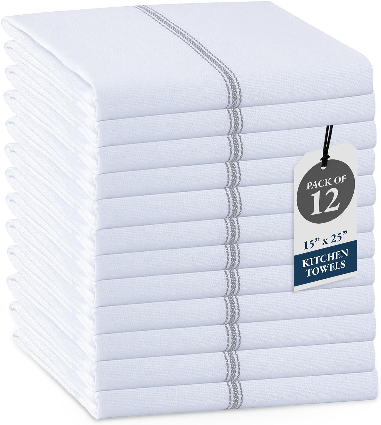 LANE LINEN Kitchen Hand Towels, 12 Pack Dish Towels for Kitchen Drying, 100% Cotton Super Absorbent Tea Towel, Quick Dry, 14"x25", Useful for Cleaning Countertops, Durable for Daily Use - Grey Stripe