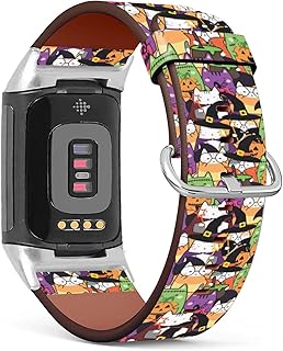Compatible with Fitbit Charge 5 , Patterned Leather Replacement Band (Halloween Cat Wallpaper)