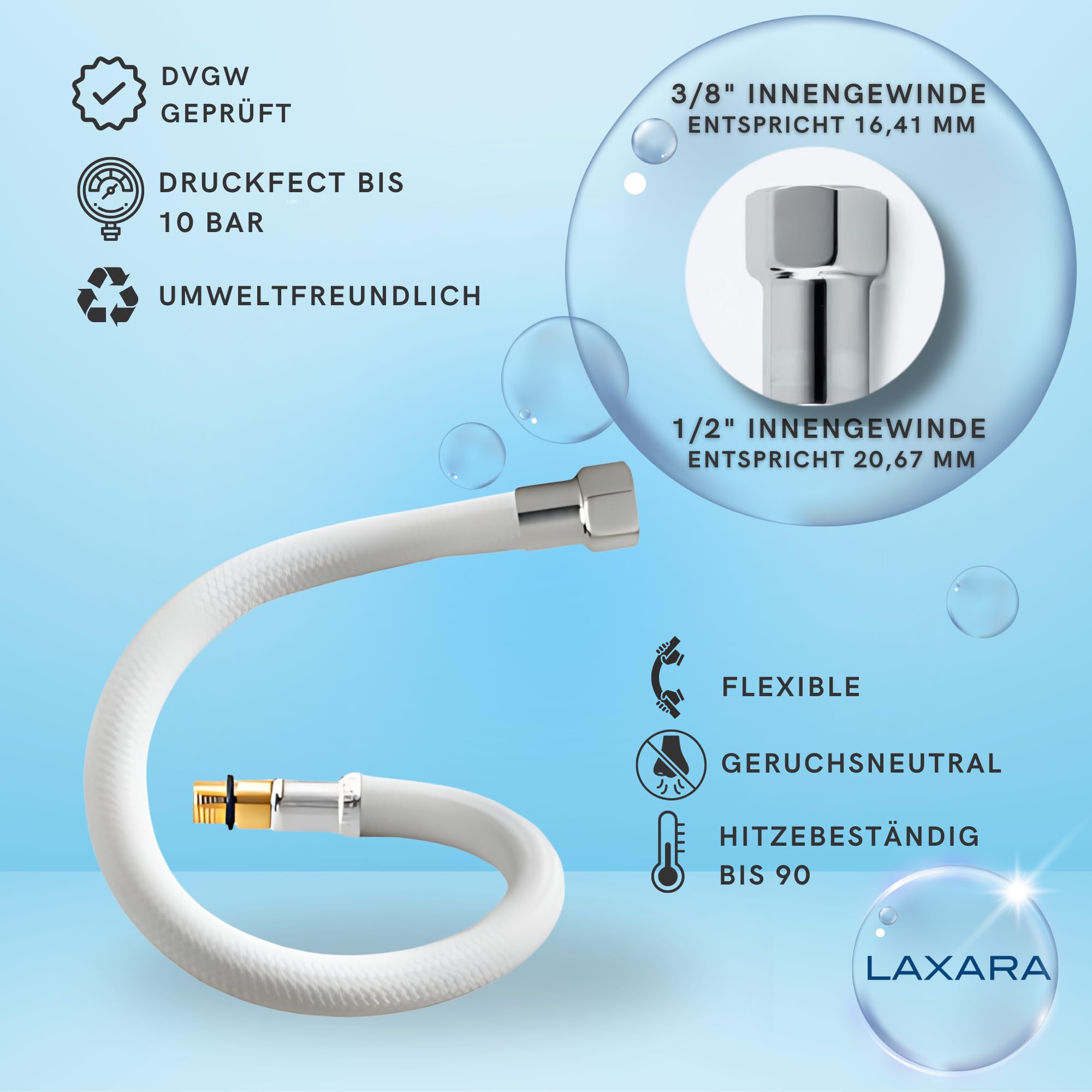 Premium Anschluss-Set Weiß Chrom – Eckventil 1/2" x 3/8", Flexschlauch 3/8" x M10, + Teflonband | DVGW-geprüft, für Küche, Bad & Trinkwasser | Für Wasserhahn, Küchenarmatur und Bidet | 40 cm