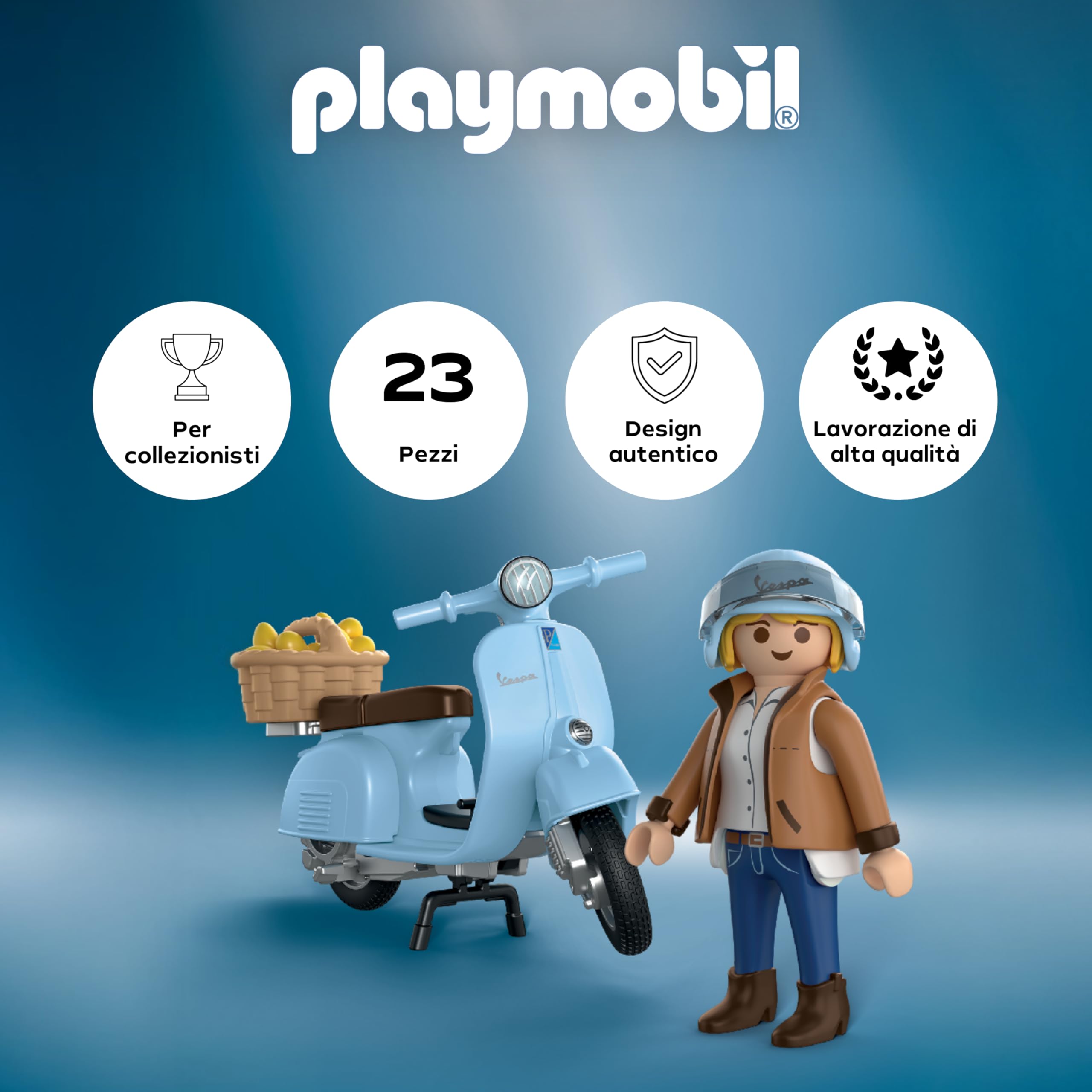PLAYMOBIL | Veicoli | 80 anni di Vespa: stile iconico | Vespa anniversario azzurro chiaro con personaggio alla moda, cestino e foglio di adesivi | Giocattolo per bambini dai 5 anni in su | 72284