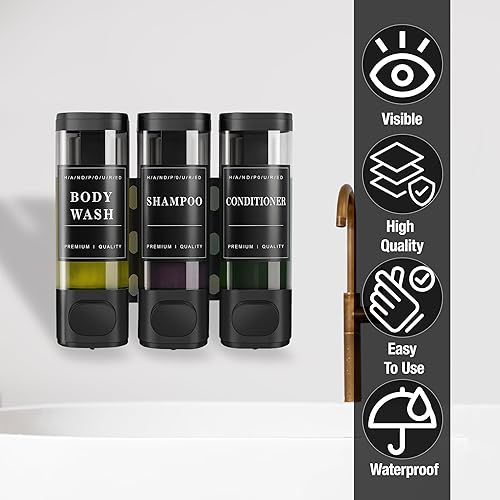 Miniatura 4 de CeeVian Dispensador de champú para ducha, 3 cámaras, sin taladro, montado en la pared, dispensador de champú y acondicionador para baño, inodoro,