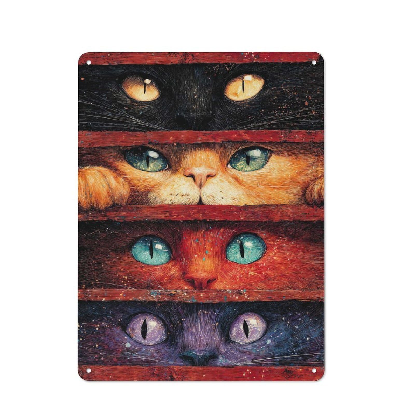 Vintage Curious Cats Peeking Through Slats Metal Plaque 40x30cm, Kitchen Wall Decor for Restaurant, Kitchen, Counter Or Breakfast Nook