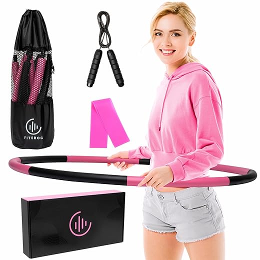 Weighted Fitness Hula Hoop Adult Beginner - Weighted Hula Hoop for Adults - Detachable and Portable - Exercise Holahoop with Jump Rope, Resistance Band and Carry Bag